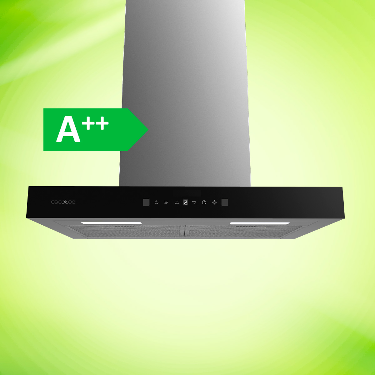 Una campana extractora plateada con etiqueta de eficiencia energética A++ sobre fondo verde.