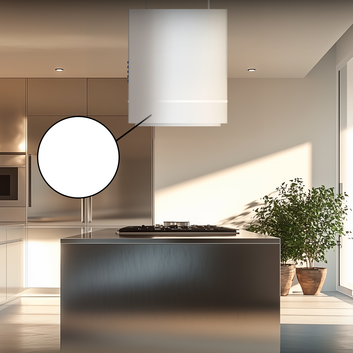 Una cocina moderna con isla de acero, campana extractora blanca y planta en maceta bajo el sol.