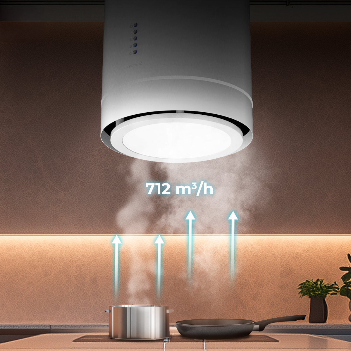Campana extractora blanca sobre olla y sartén con vapor y flechas azules que indican un flujo de 712 m3/h.