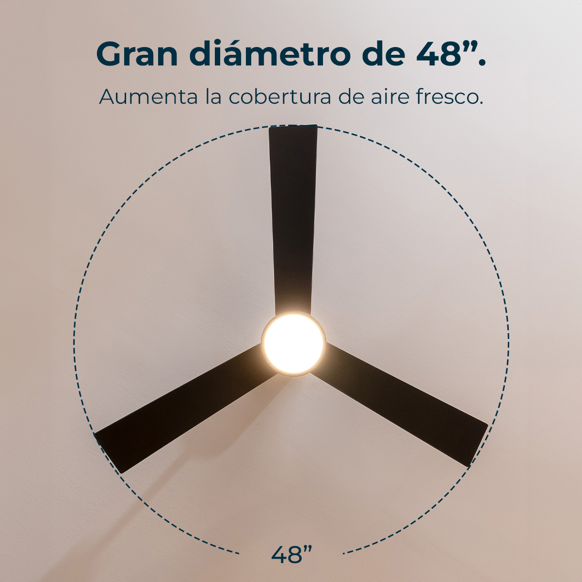 Un ventilatore da soffitto nero a tre pale con centro illuminato mostra un diametro di 48 pollici.