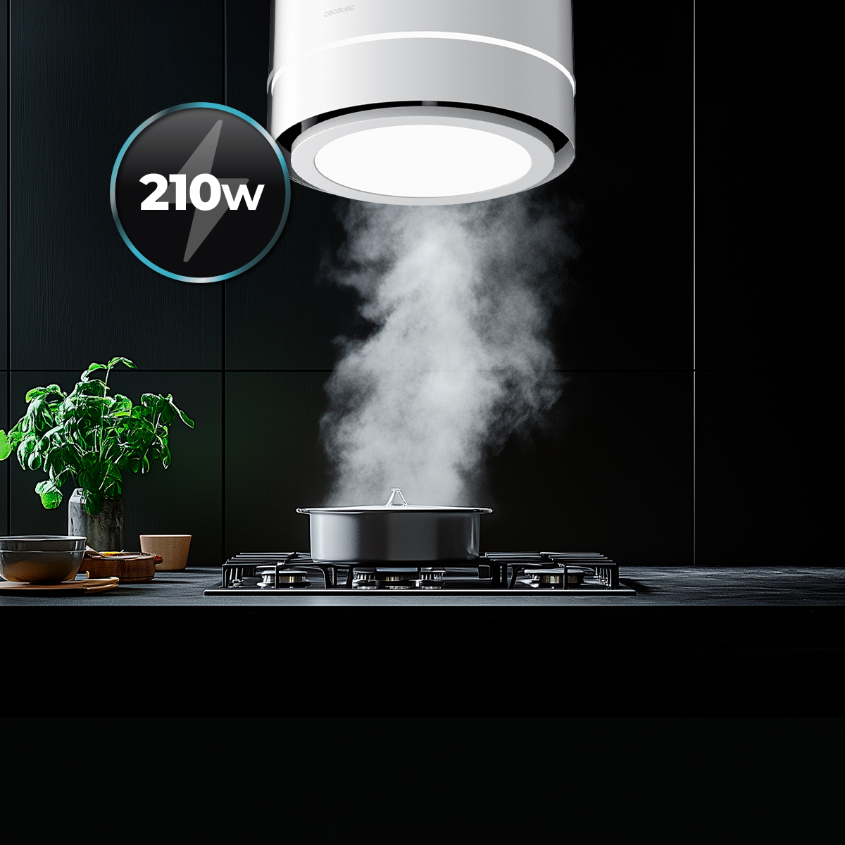 Una campana extractora absorbe el vapor de una olla en una cocina oscura.
