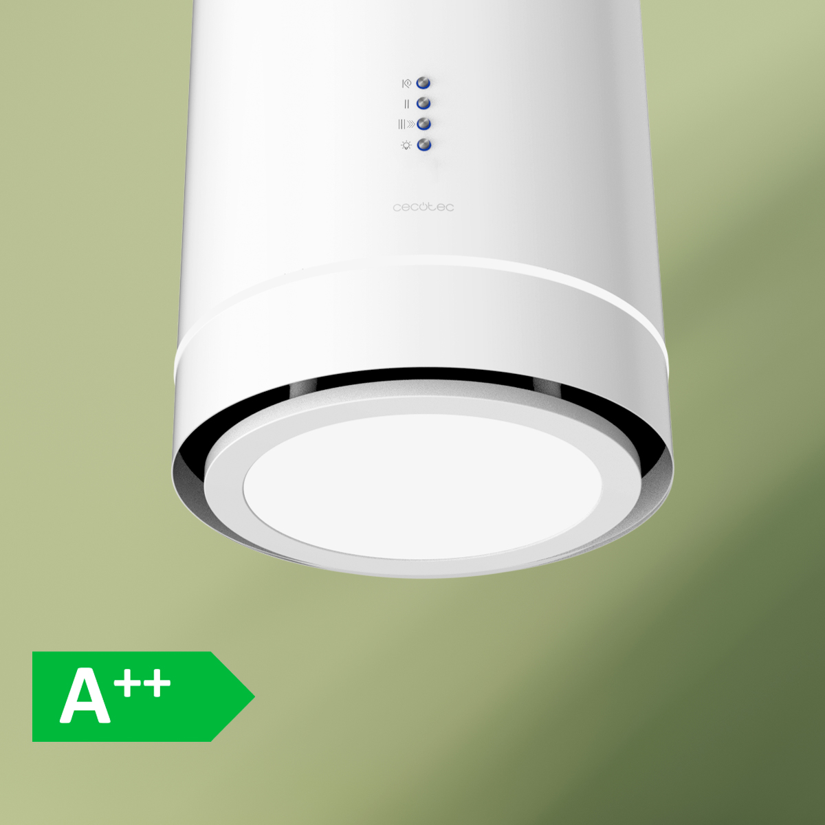 Campana extractora cilíndrica blanca con etiqueta de eficiencia energética A++ sobre fondo verde.