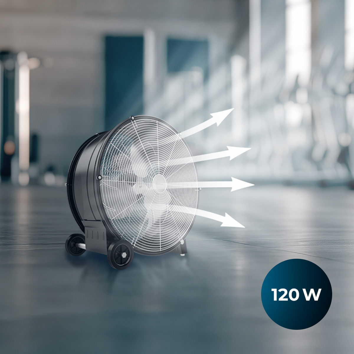 Un ventilador de tambor negro de 120W con ruedas y flechas de flujo de aire.