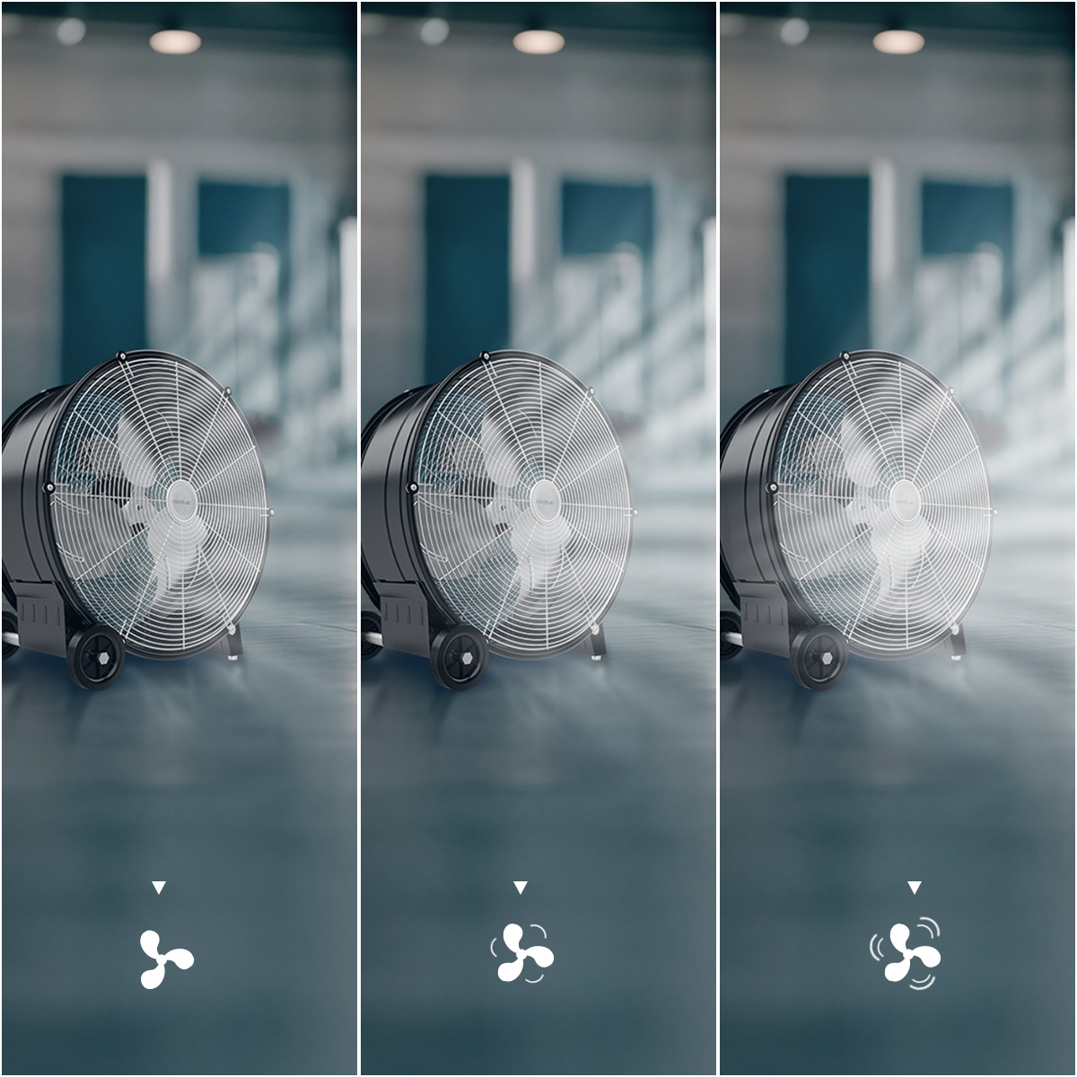 Tres ventiladores de suelo negros con ruedas en una habitación, mostrando diferentes velocidades.