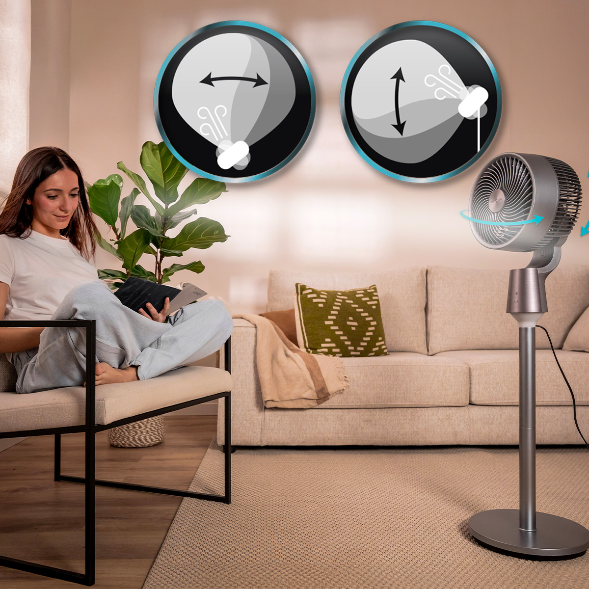 Una mujer lee en un sillón junto a un ventilador de pie y dos iconos gráficos.