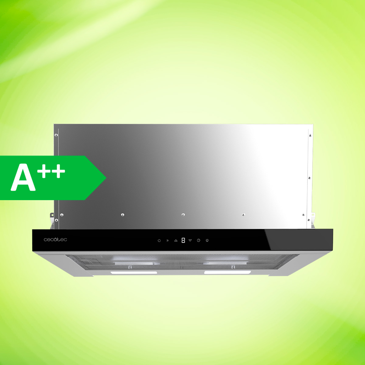 Una campana extractora plateada con clase de eficiencia energética A++ sobre fondo verde.