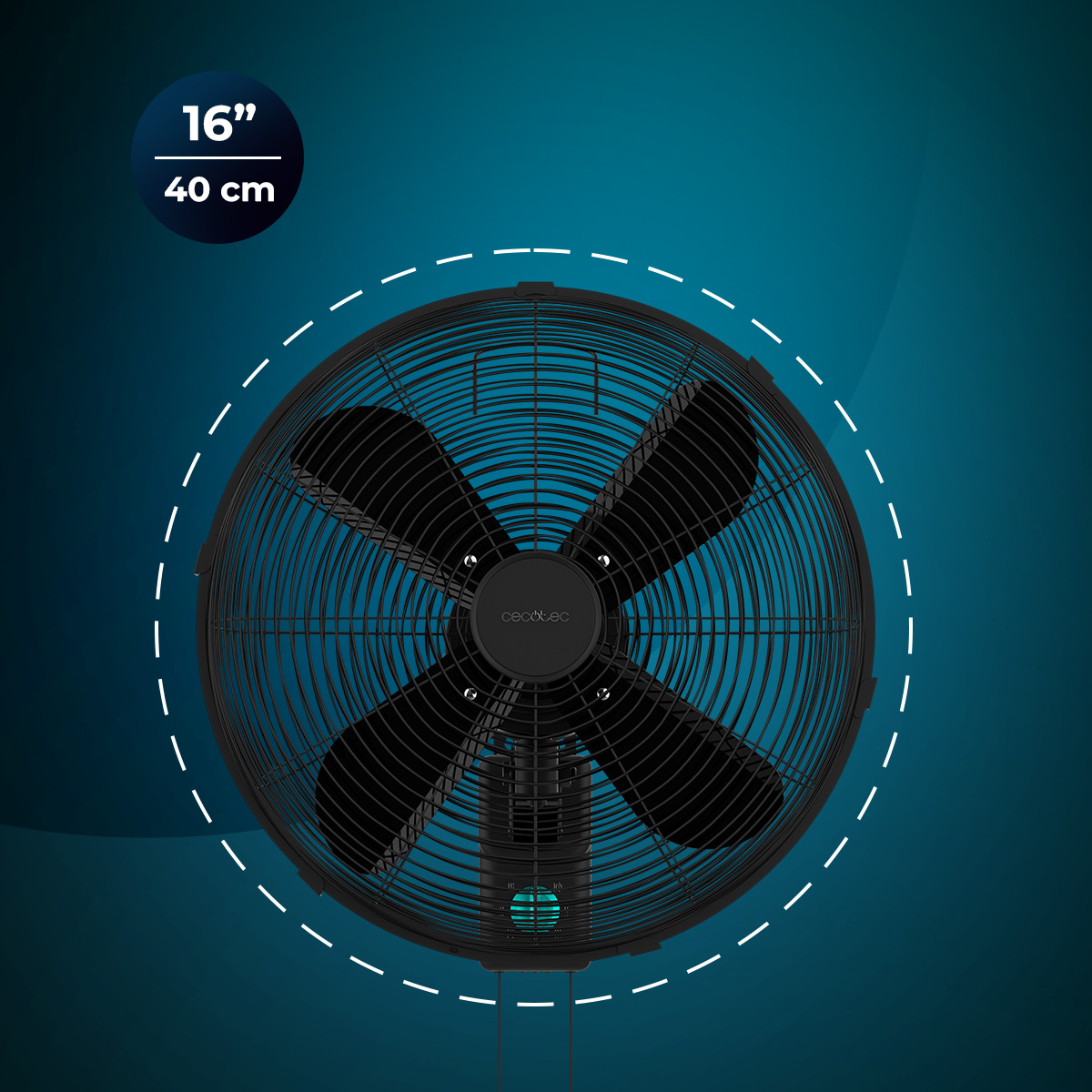 Un ventilador oscilante negro de 40 cm sobre fondo azul oscuro.