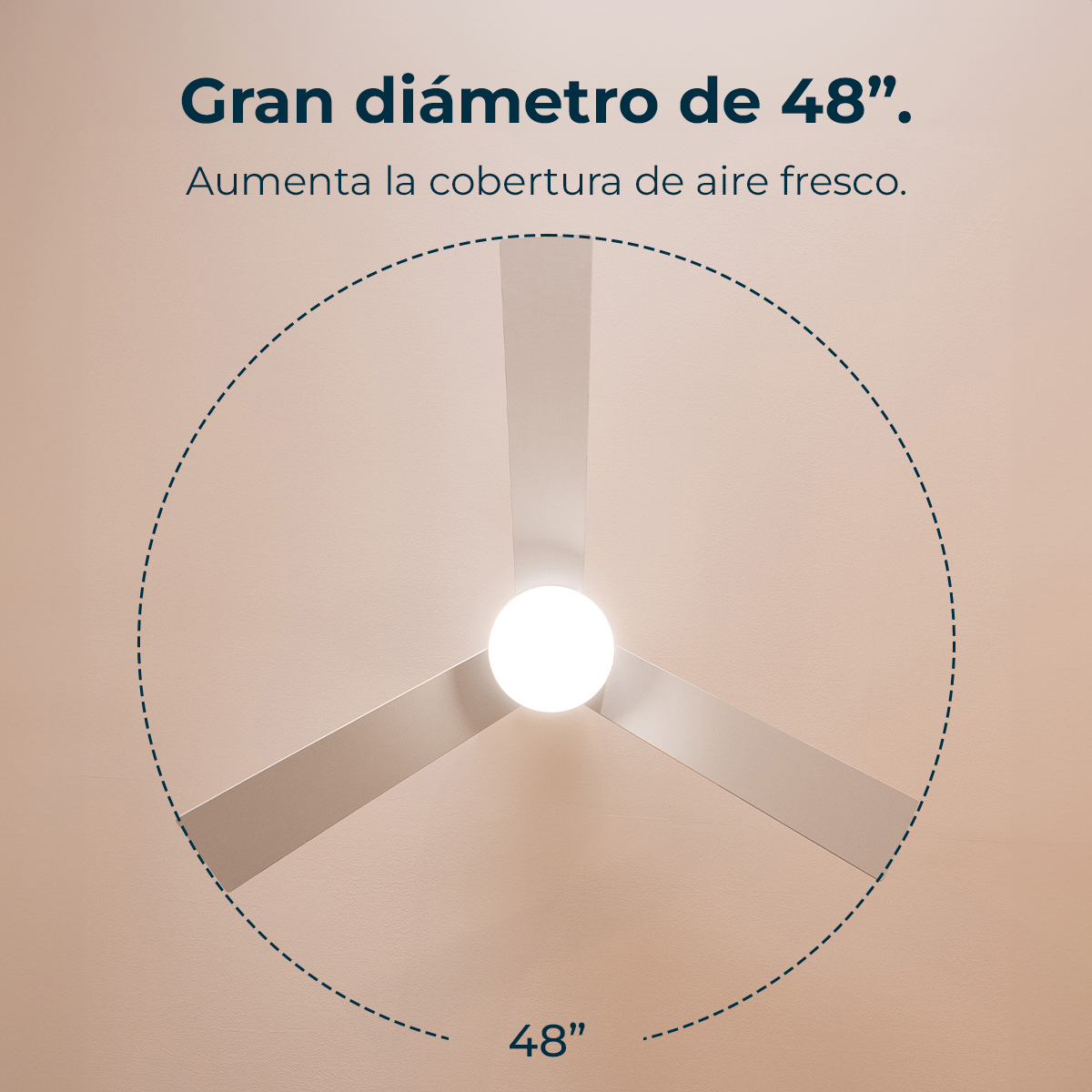 Schema di un ventilatore da soffitto da 48 pollici con luce centrale su sfondo beige.