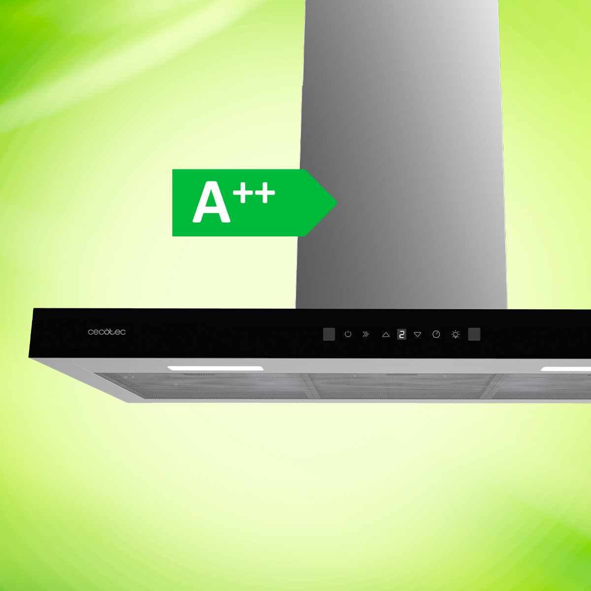 Una campana extractora de acero inoxidable y negro con controles táctiles y etiqueta energética A++ sobre fondo verde.