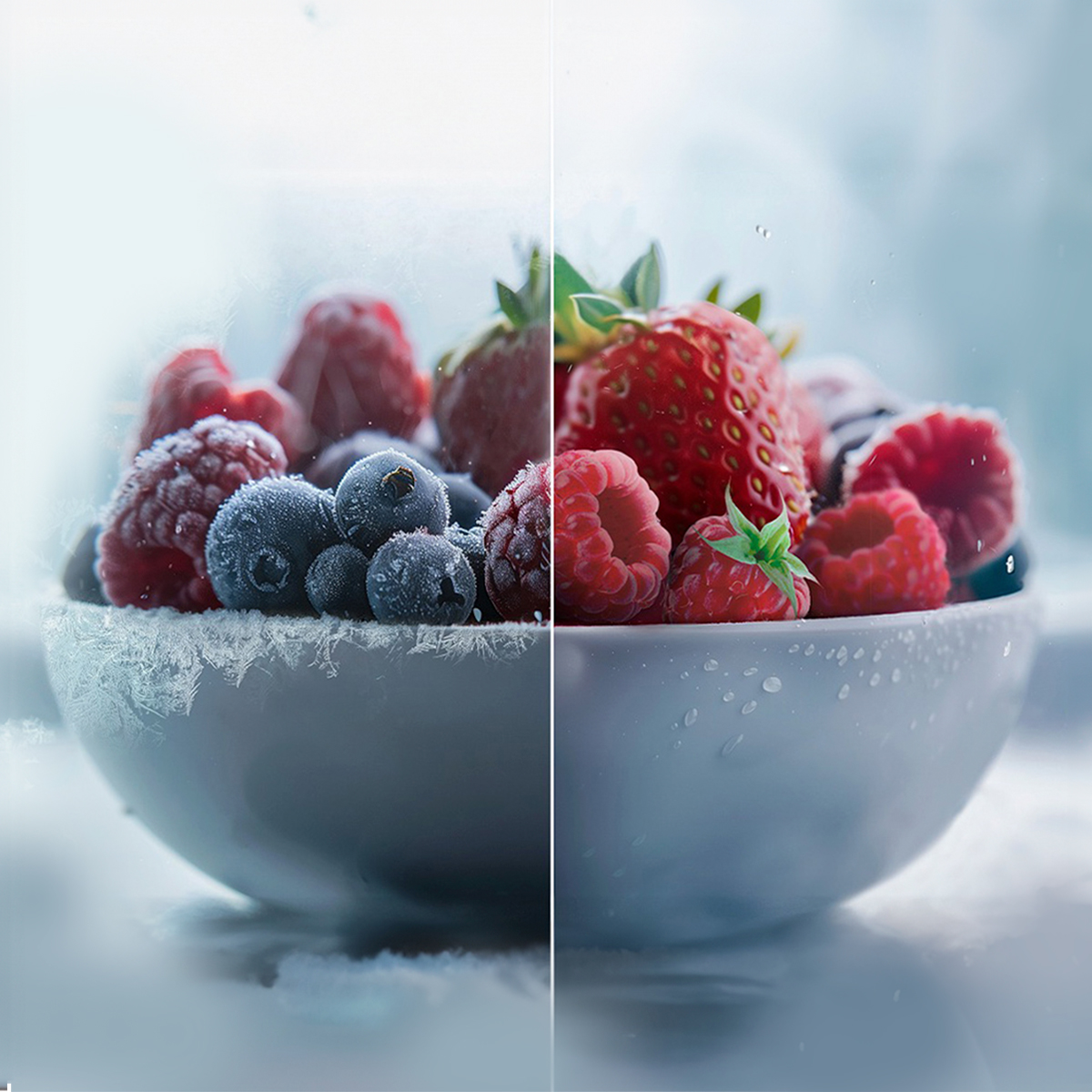 Vista dividida de un bol de fruta fresca, con escarcha a la izquierda y gotas de agua a la derecha.