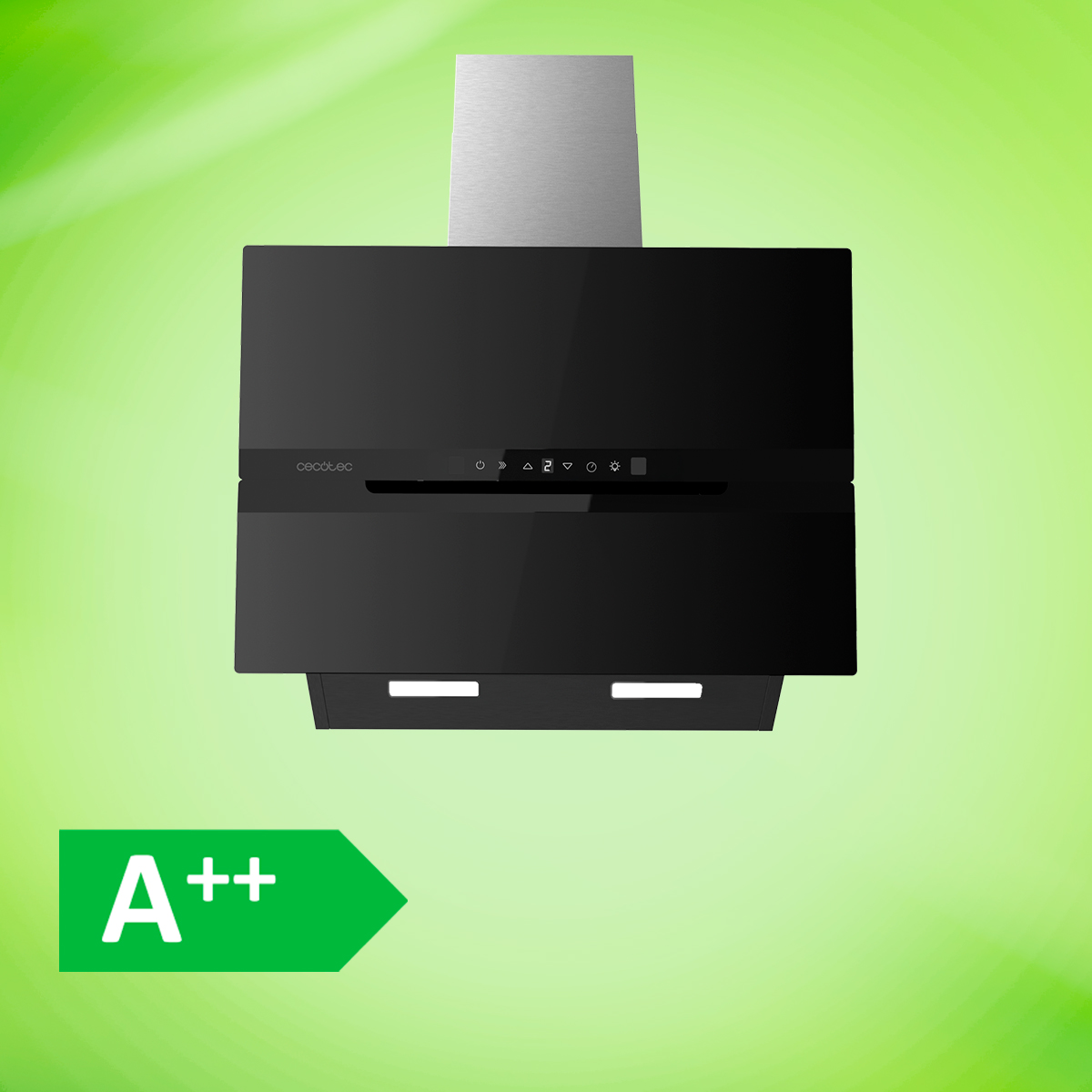 Campana extractora negra con chimenea de acero inoxidable sobre fondo verde y etiqueta energética A++.