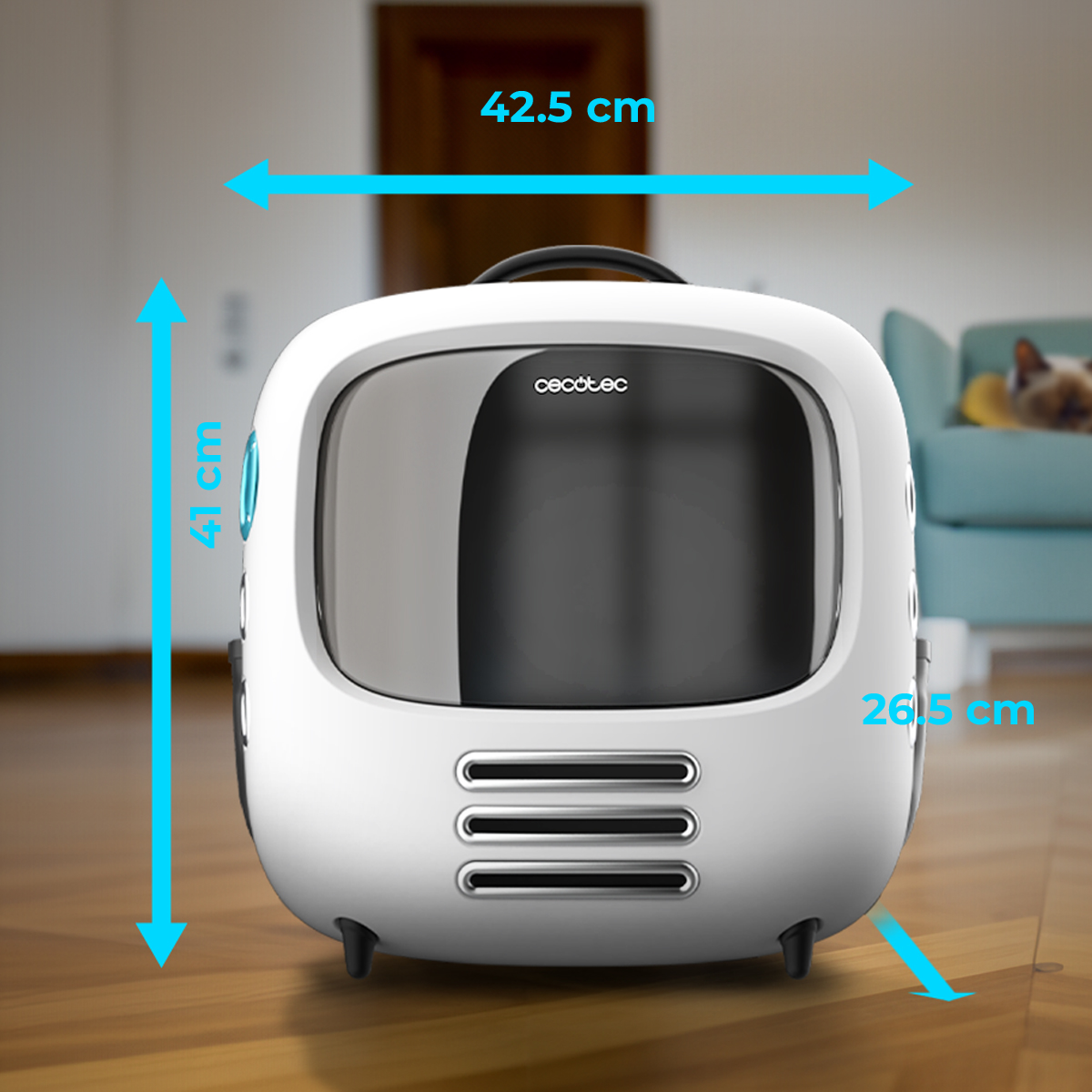 Biały transporter dla zwierzaka z czarnym oknem, o wymiarach 42.5 cm szerokości, 41 cm wysokości i 26.5 cm głębokości.