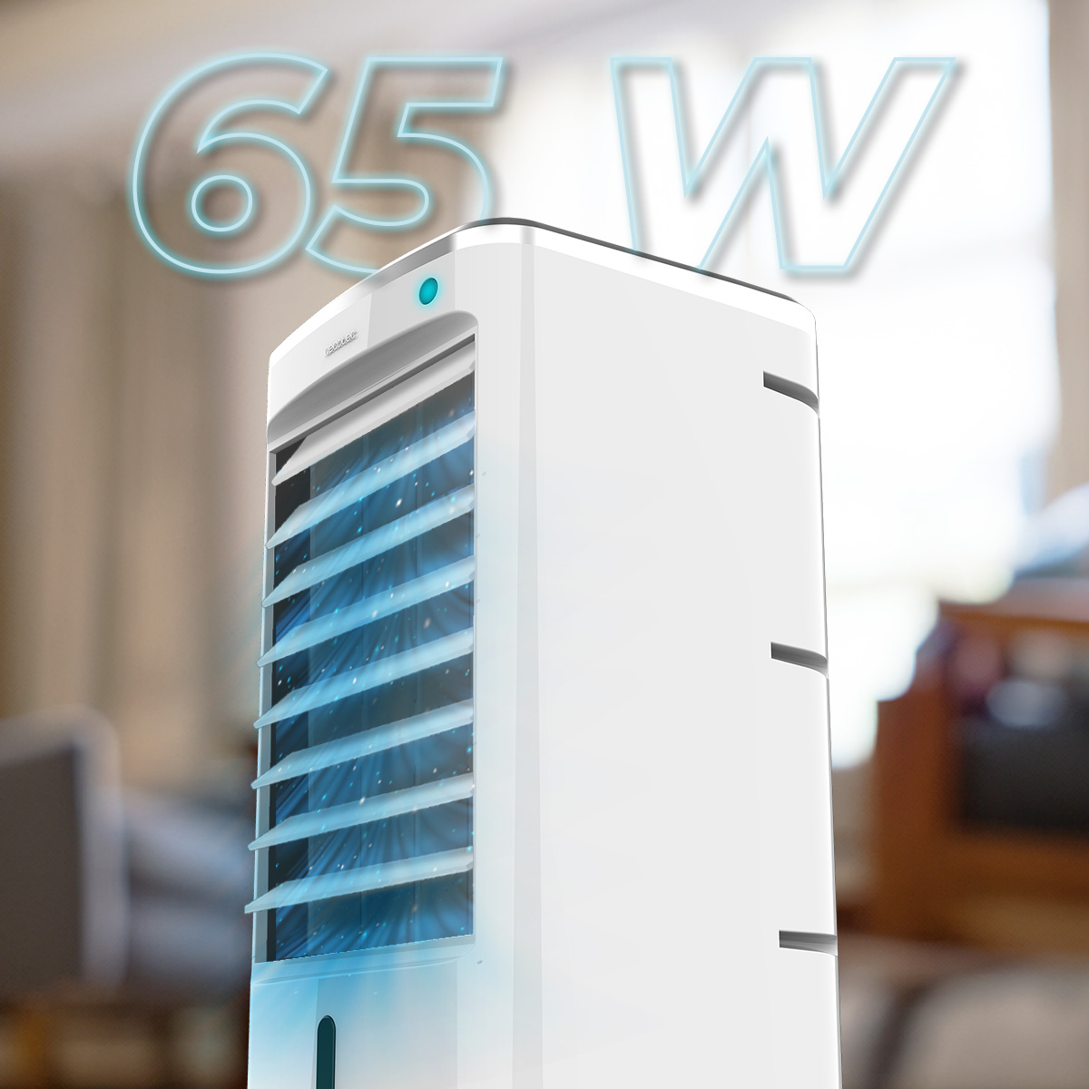 Un ventilador de torre blanco en una habitación, con el gran logotipo de texto 65 W al fondo.