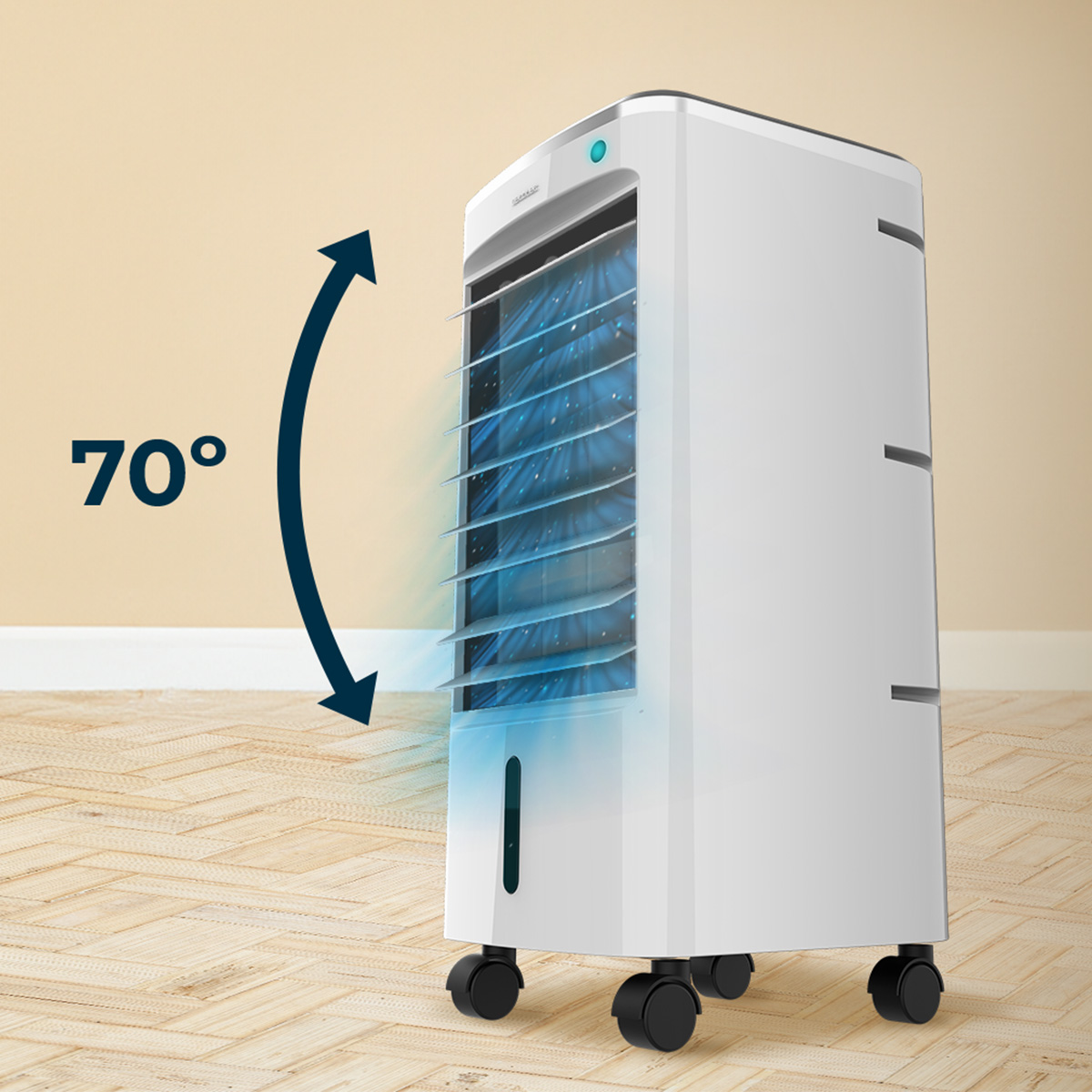 Un enfriador de aire blanco con ruedas sobre suelo de madera, con gráfico de oscilación de 70 grados.