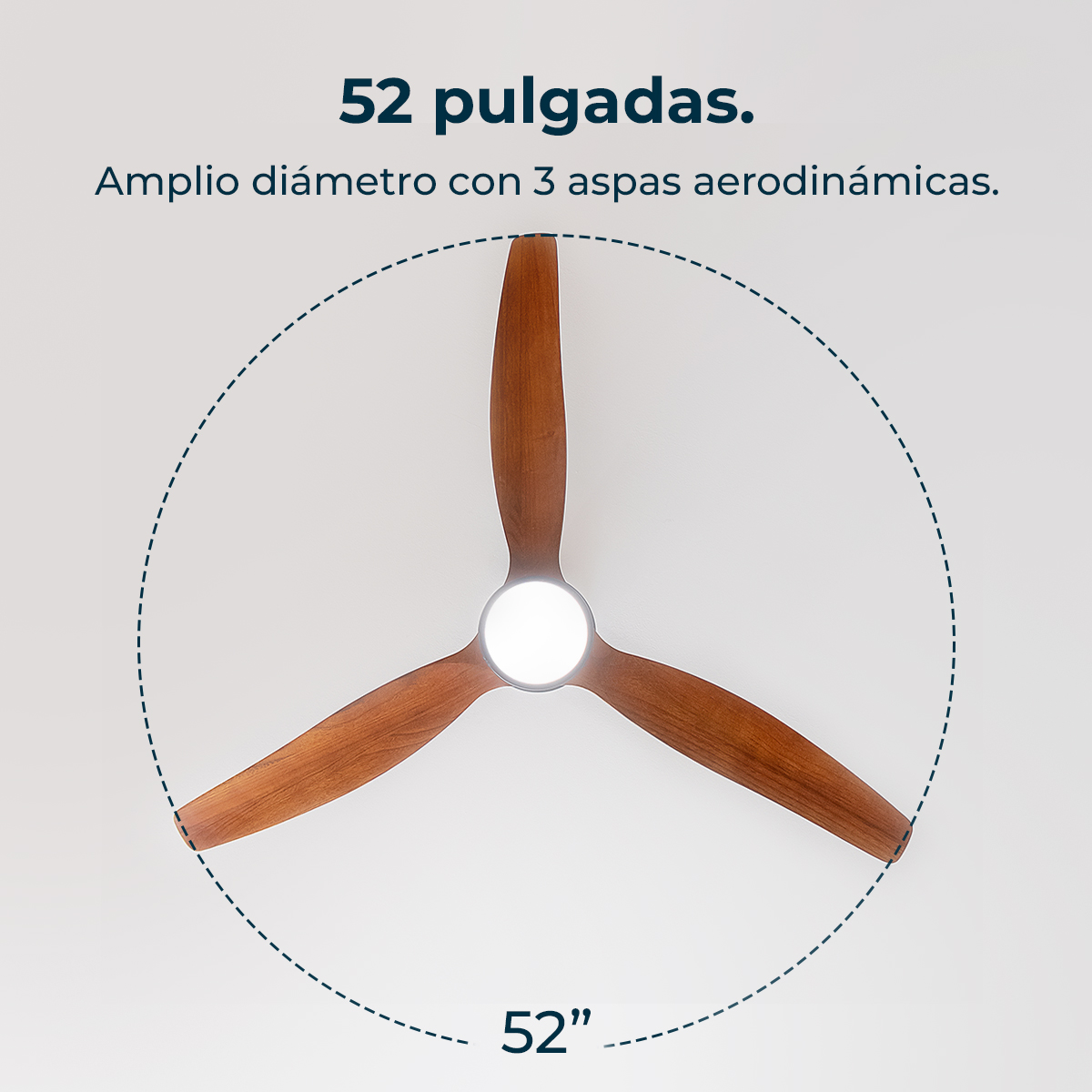 Ventilador de techo de madera de 52 pulgadas con tres aspas y luz central, dentro de un círculo punteado.