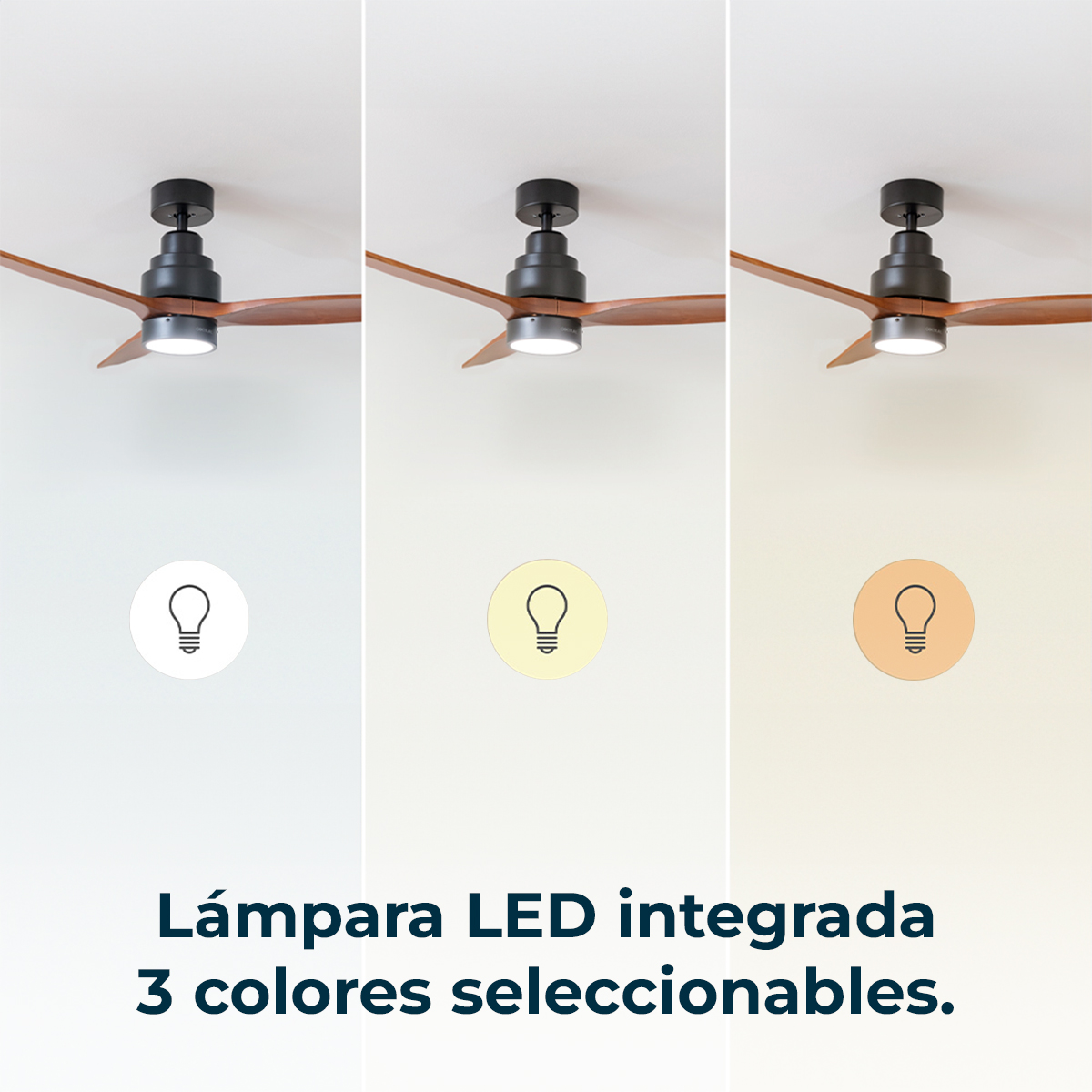 Tres paneles de ventilador muestran LEDs en blanco frío, neutro y cálido.