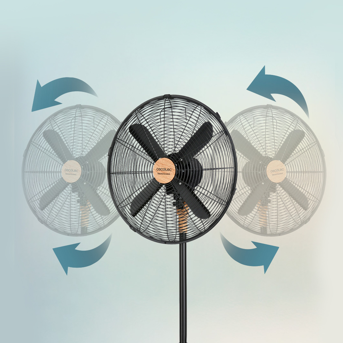 Un ventilador de pie negro oscila de lado a lado con flechas de movimiento sobre fondo azul.