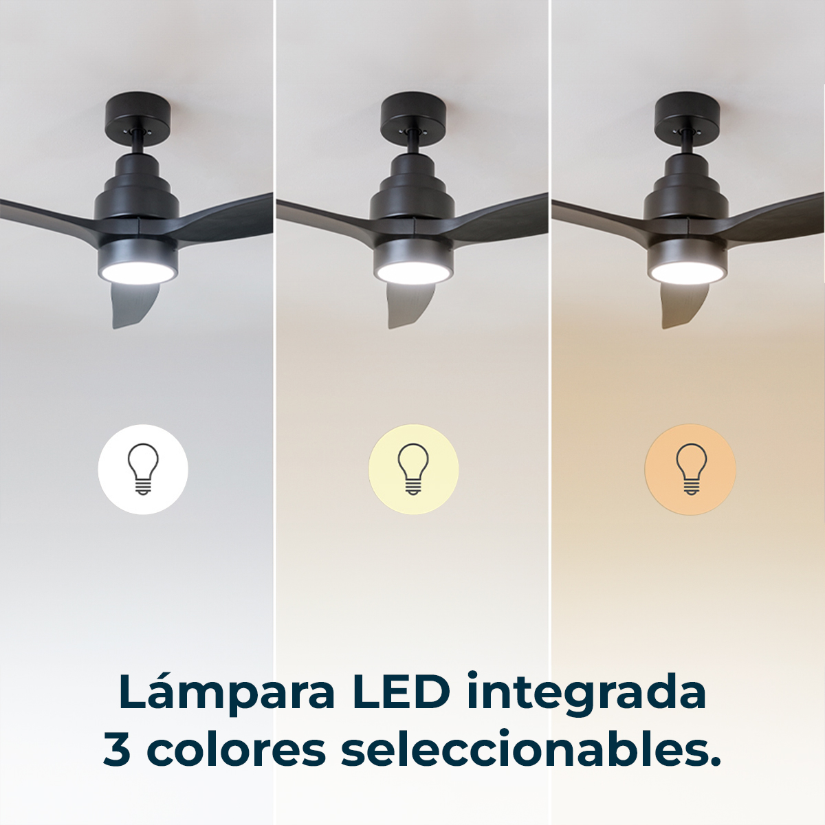 Tre viste di un ventilatore da soffitto nero con luce LED integrata che mostra diverse temperature di colore.