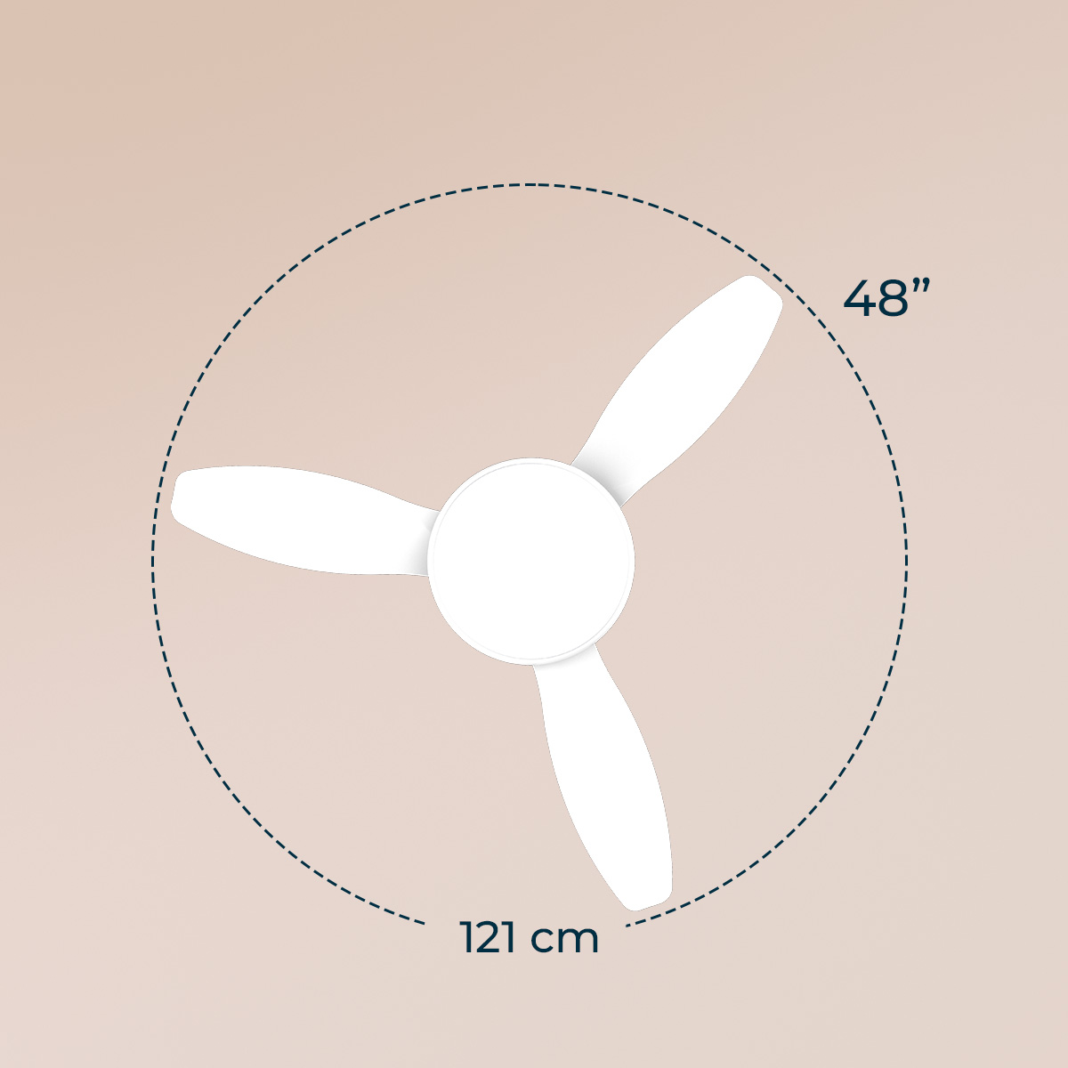 Ventilatore da soffitto bianco con tre pale e linee di misura che indicano 48 pollici e 121 centimetri su sfondo beige.