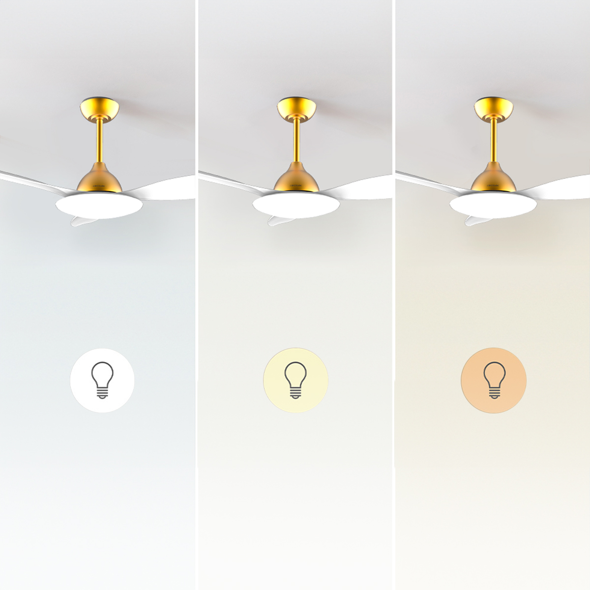 Tre viste di una lampada a ventola da soffitto dorata con luce bianca, calda e gialla.