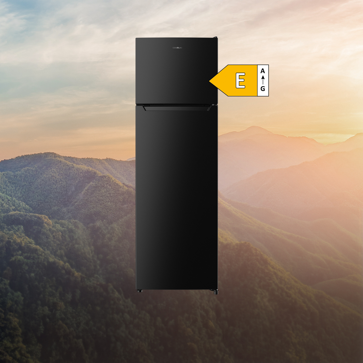 Un frigorífico negro con clase de eficiencia energética E frente a un paisaje montañoso.