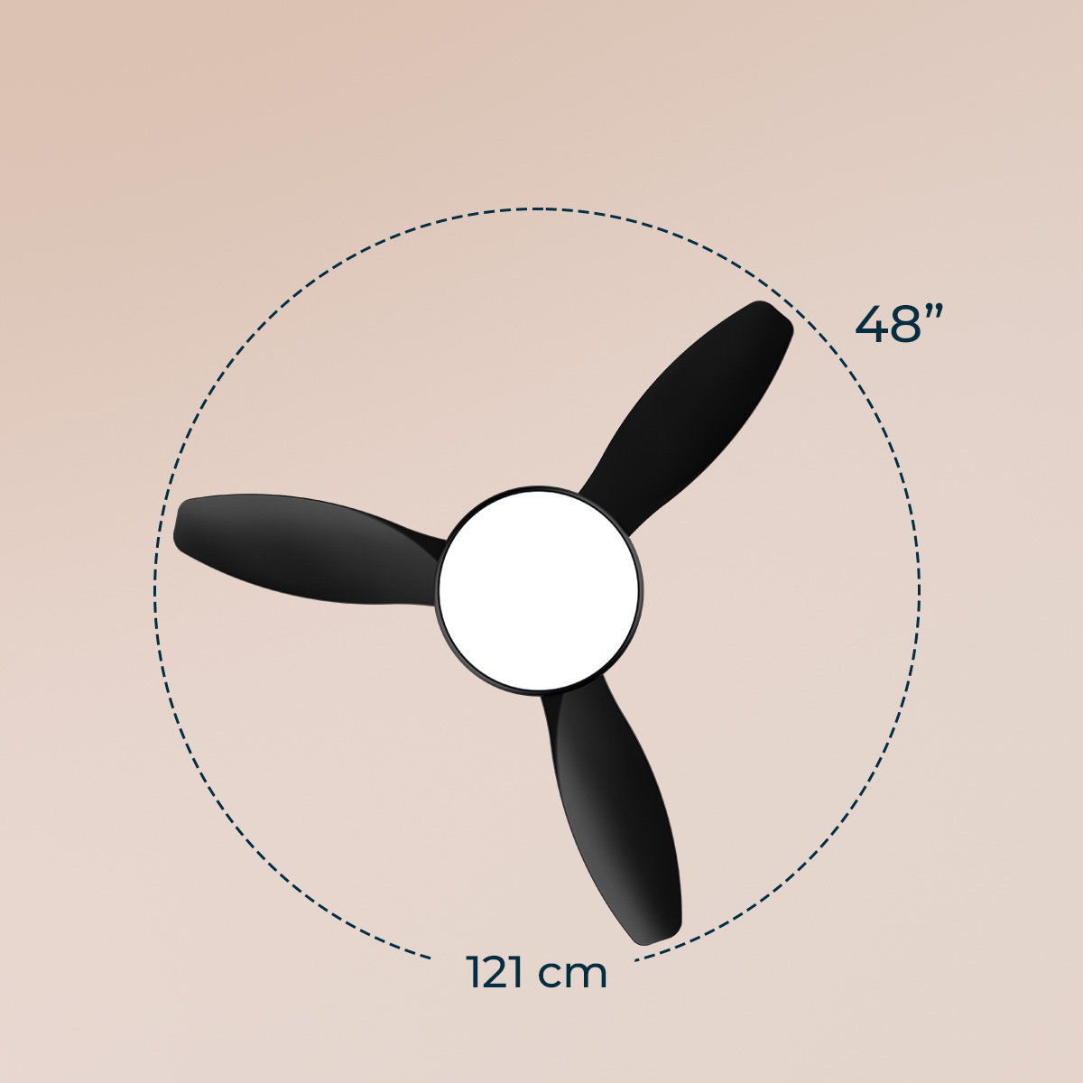 Un ventilatore da soffitto nero con tre pale e una luce rotonda al centro, diametro 48 pollici o 121 cm.