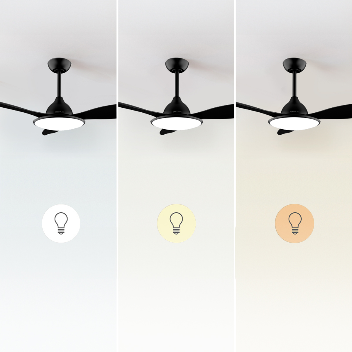 Tre identici ventilatori da soffitto neri mostrano diversi colori di luce dal bianco al caldo.