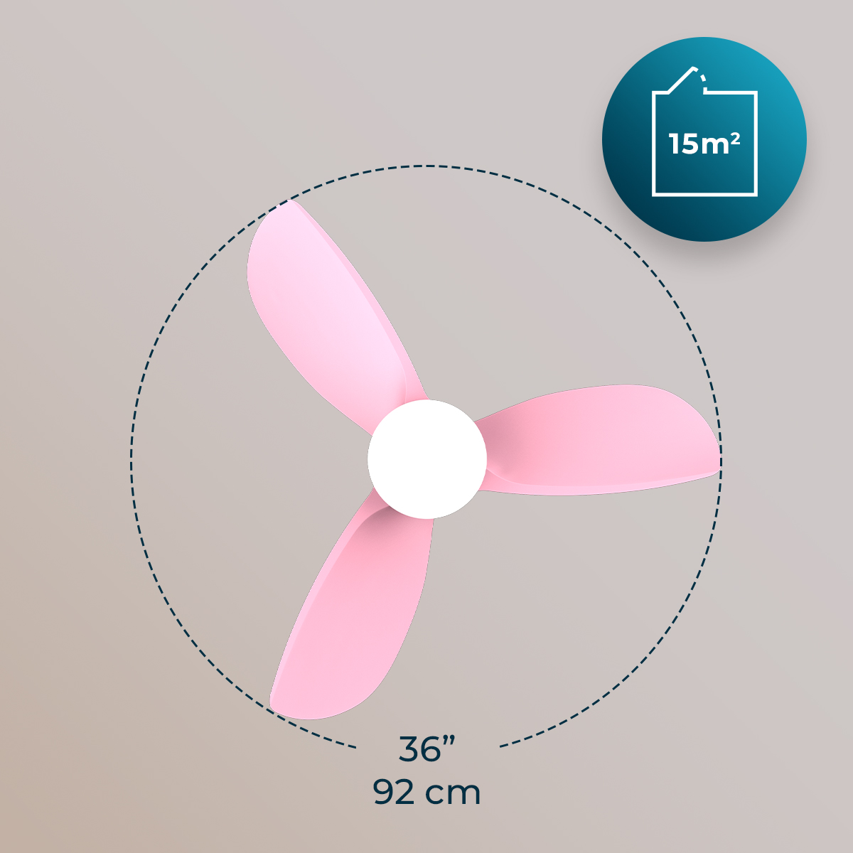 Ventilatore da soffitto rosa a tre pale, 36 pollici, 92 cm, adatto per stanze di 15m2.