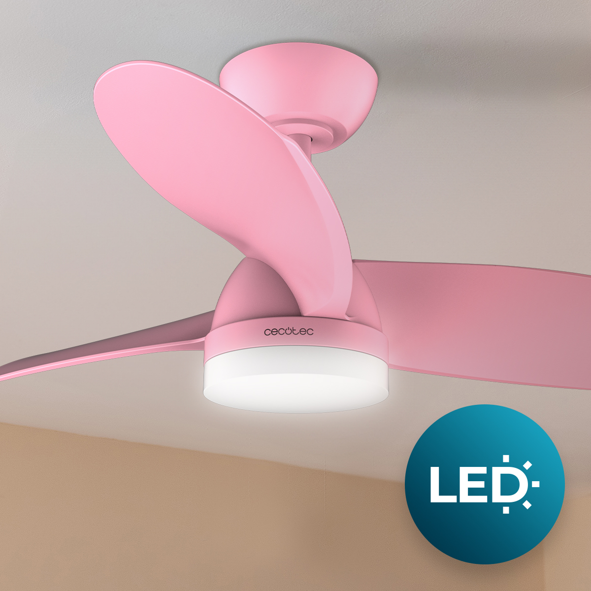 Ventilatore da soffitto rosa con luce e icona LED rotonda.