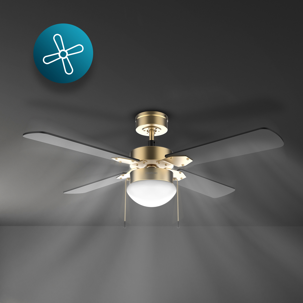 Ein moderner Deckenventilator mit goldener Halterung, dunkelgrauen Flügeln und einer beleuchteten Glaskugel.