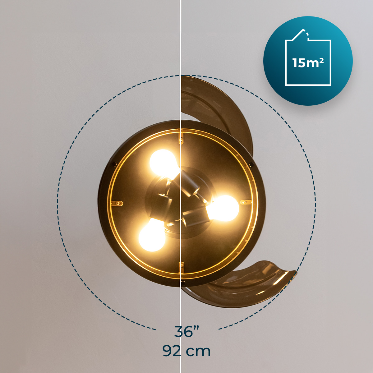 Ventilatore da soffitto con tre lampadine accese e dimensioni di 36 pollici o 92 cm per 15 metri quadri.