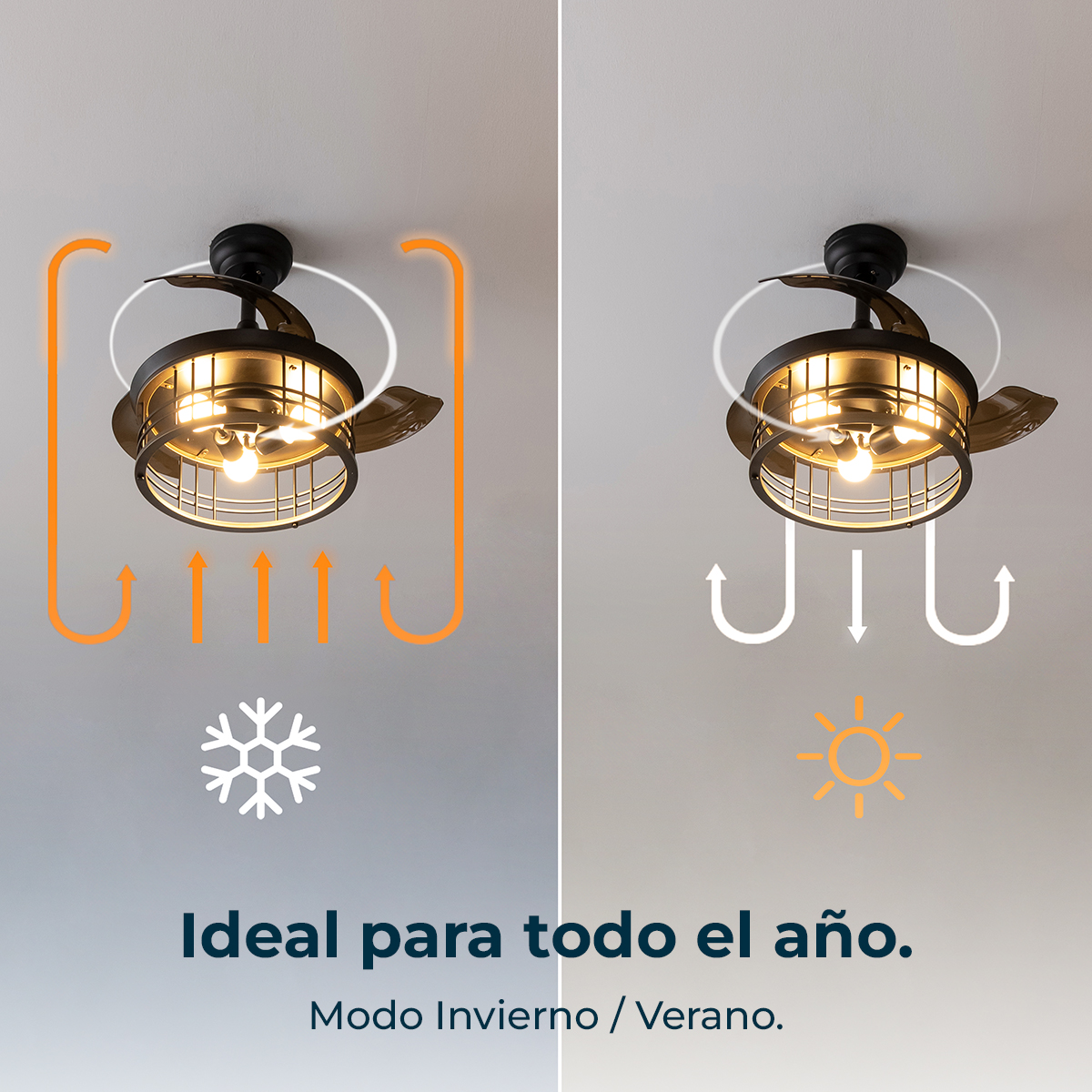 Ventilatore da soffitto con luce che mostra le modalità inverno e estate con frecce d'aria.