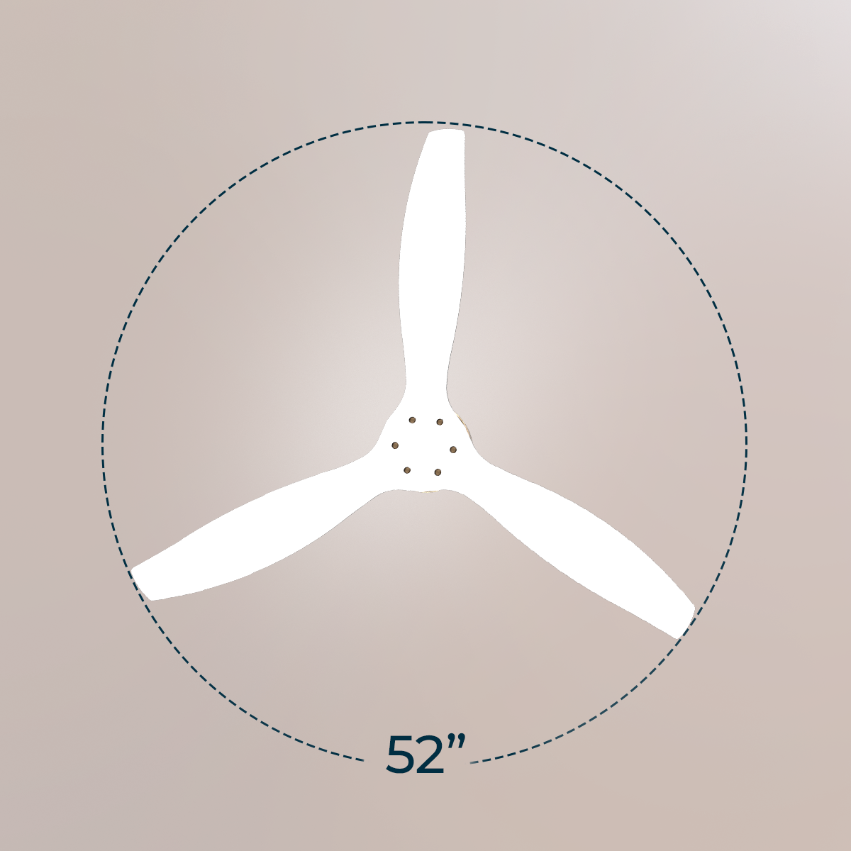 Un ventilador de techo blanco de tres aspas con un diámetro de 52 pulgadas sobre un fondo beige.