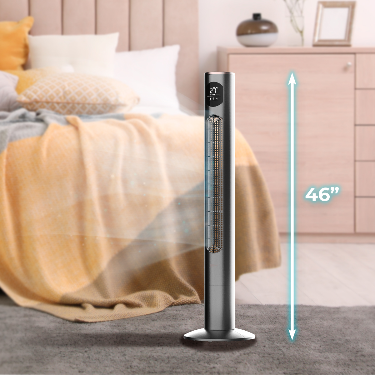 Un ventilador de torre gris de 46 pulgadas se encuentra en un dormitorio frente a una cama con ropa de cama amarilla y blanca.