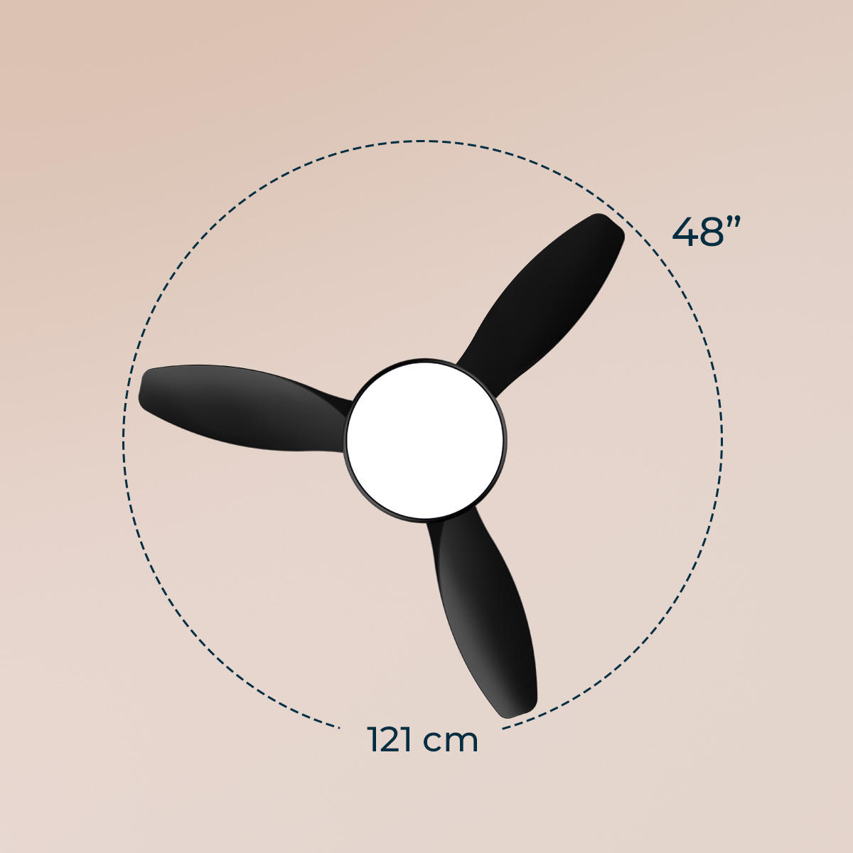 Un ventilatore da soffitto nero a tre pale con luce centrale bianca, misura 48 pollici o 121 cm, su sfondo beige.