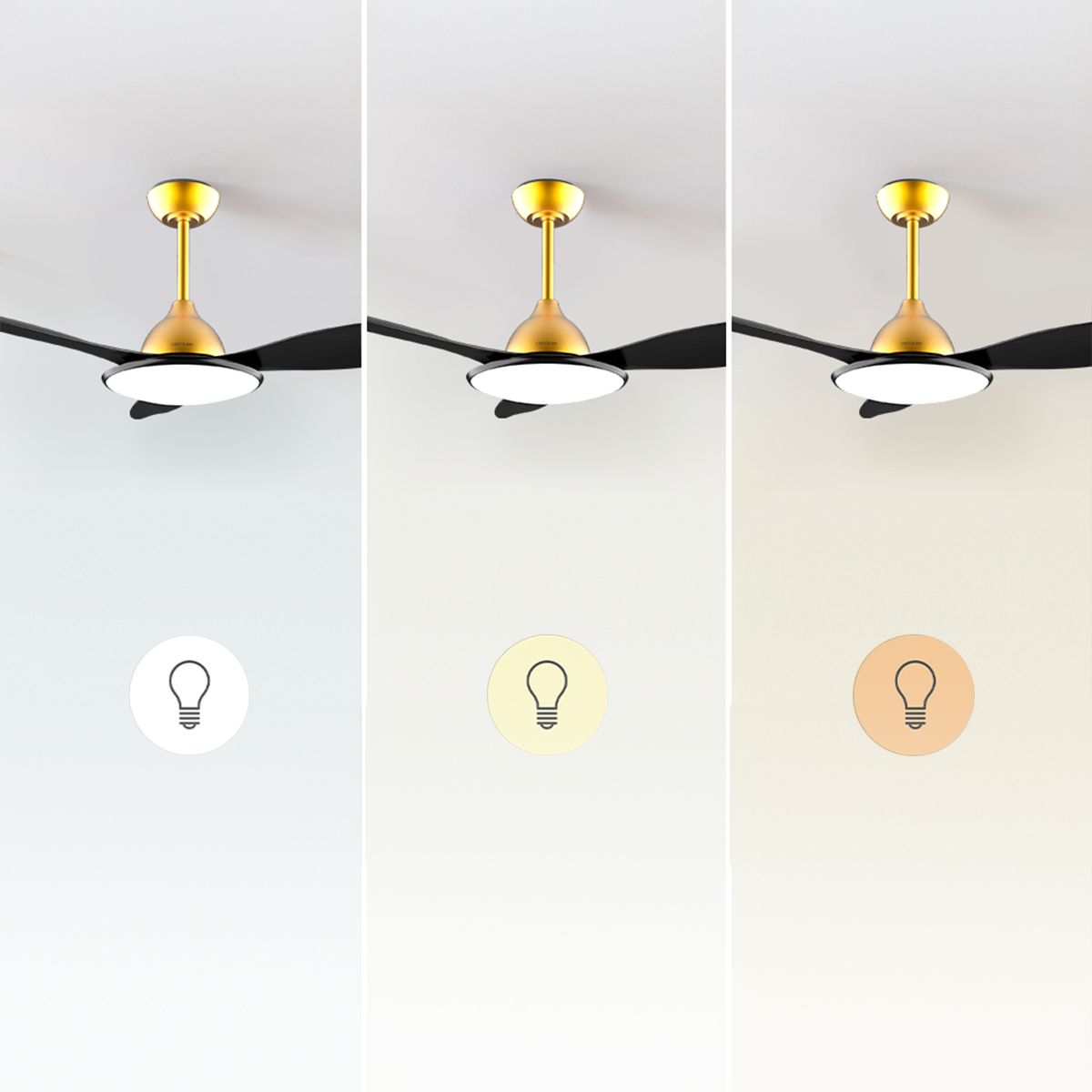 Tre ventilatori da soffitto identici in oro e nero mostrano diverse tonalità di luce.