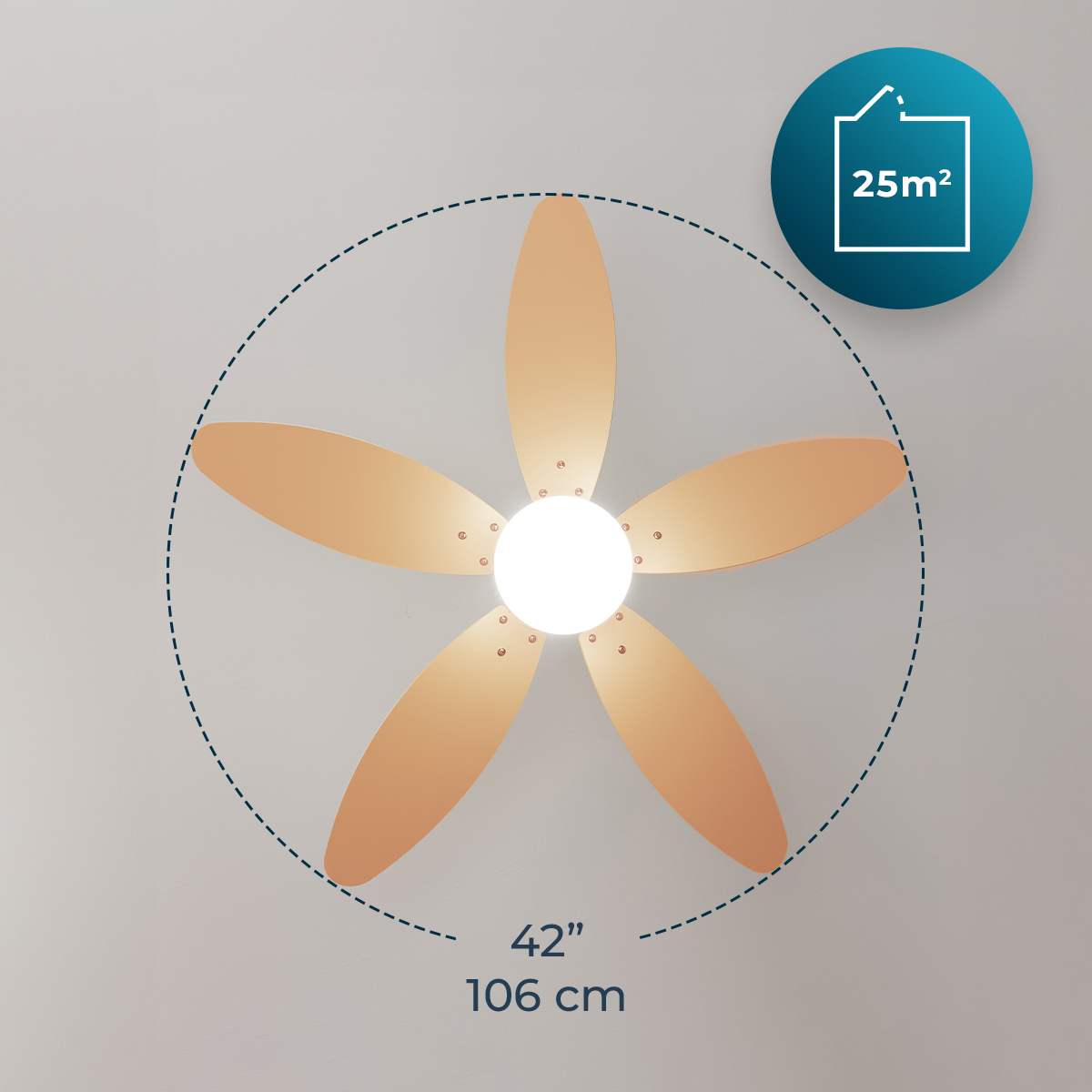 Ventilatore da soffitto color legno con luce centrale, 106 cm di diametro, per stanze fino a 25 m².
