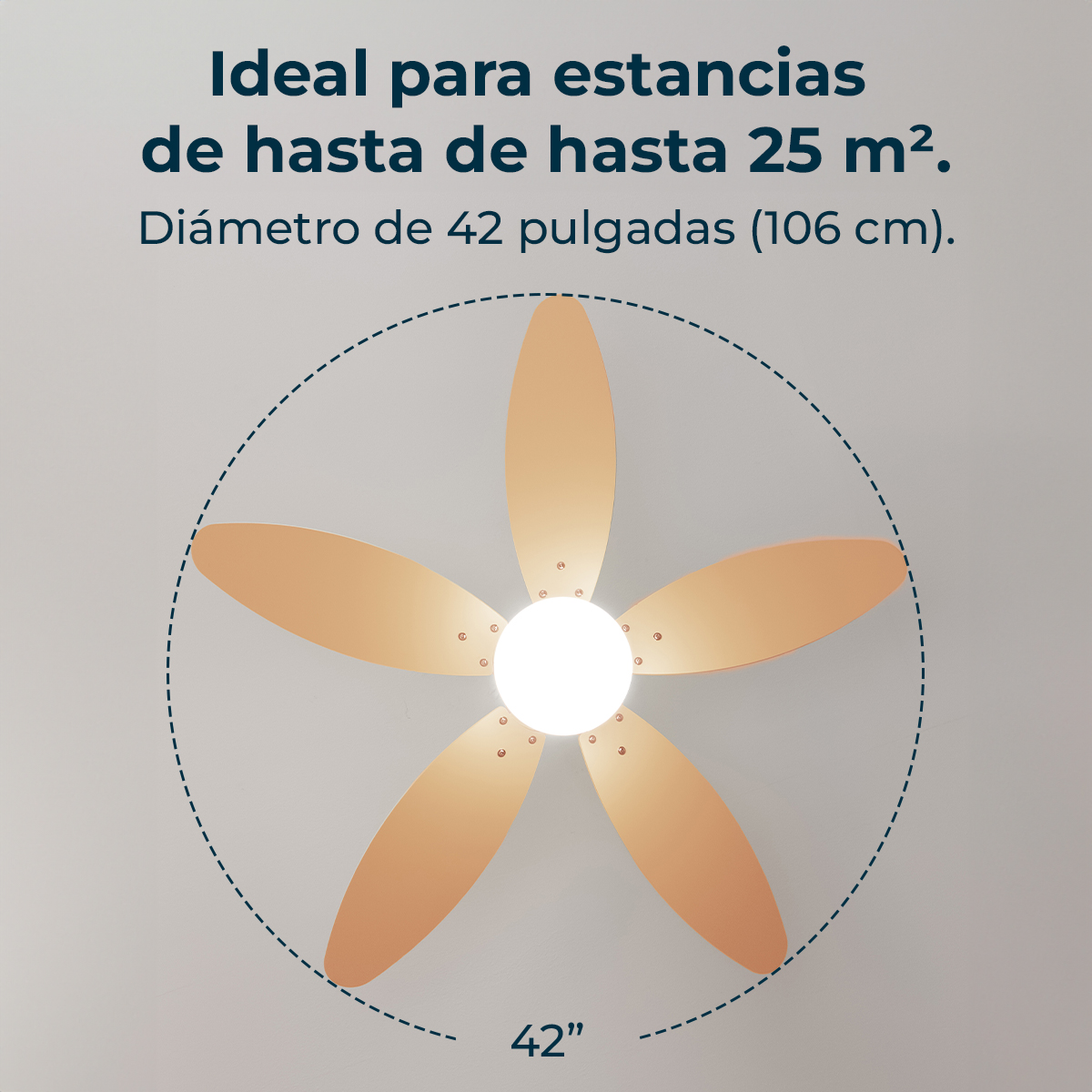 Un ventilatore da soffitto da 42 pollici con cinque pale in legno chiaro e luce centrale, con cerchio.