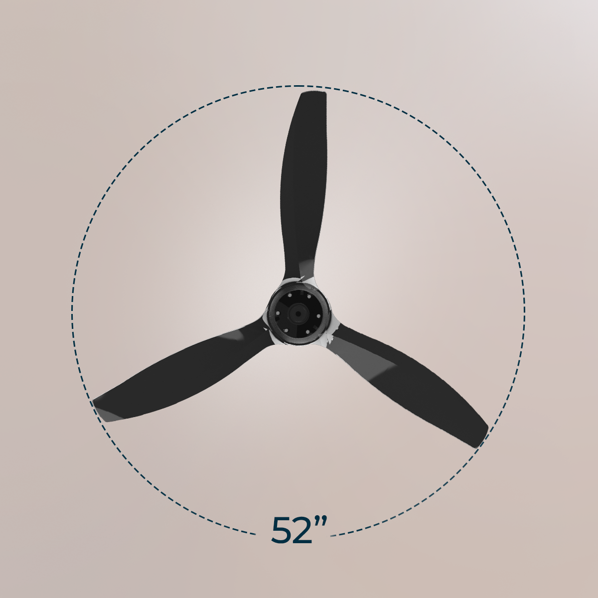 Un ventilatore da soffitto nero a tre pale con un diametro di 52 pollici, mostrato su uno sfondo beige.
