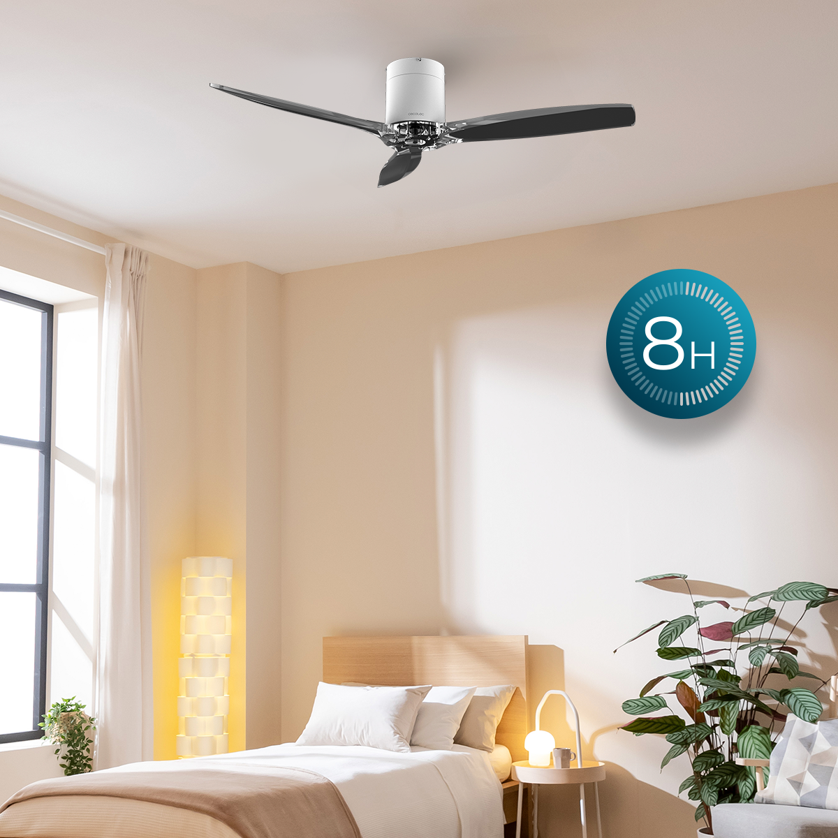 Camera da letto con ventilatore a soffitto, letto, lampada da terra e grafica 8H.