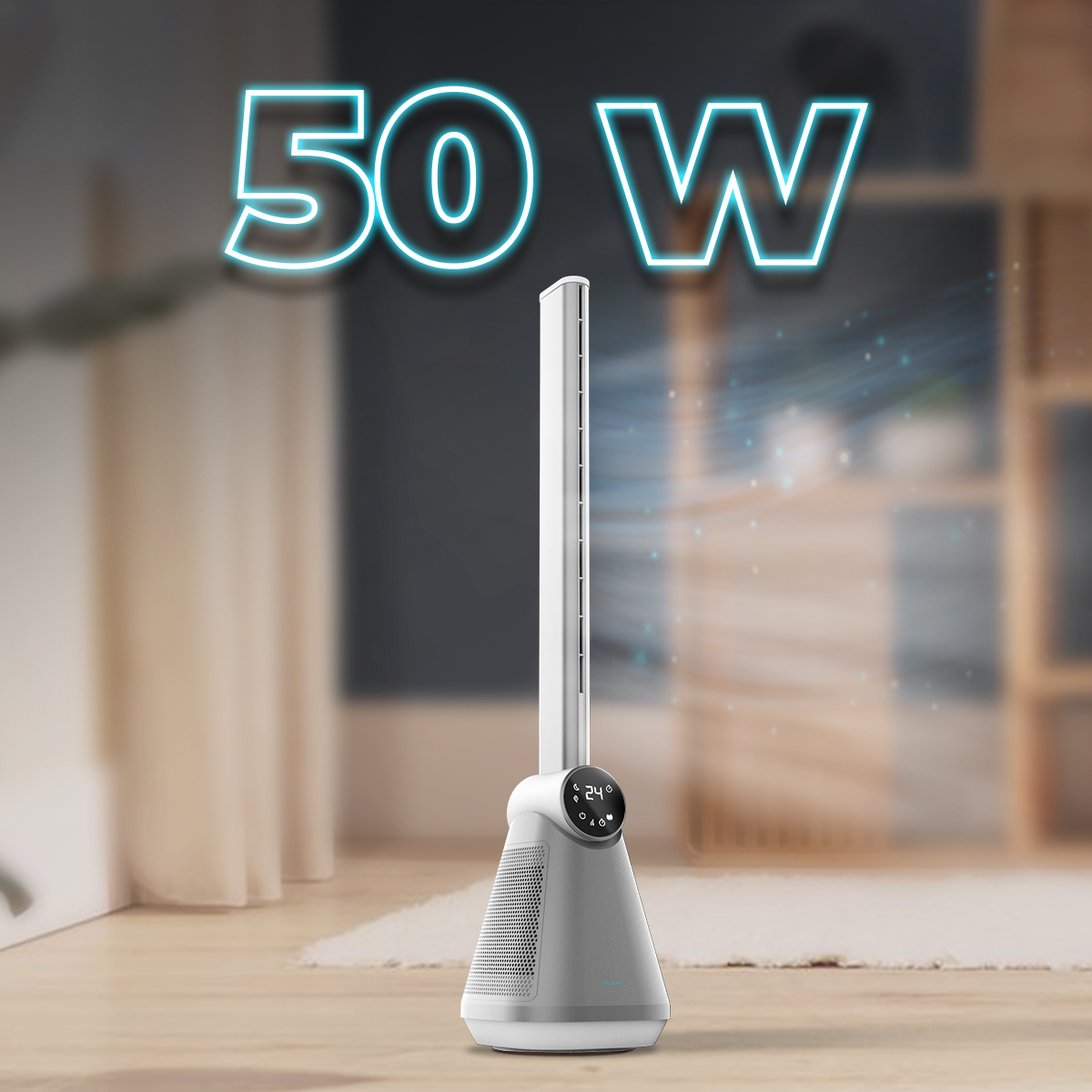Ein schlanker, weißer Säulenventilator auf einem Holzfussboden zeigt Windeffekte; im Hintergrund ist der Text 50 W zu sehen.