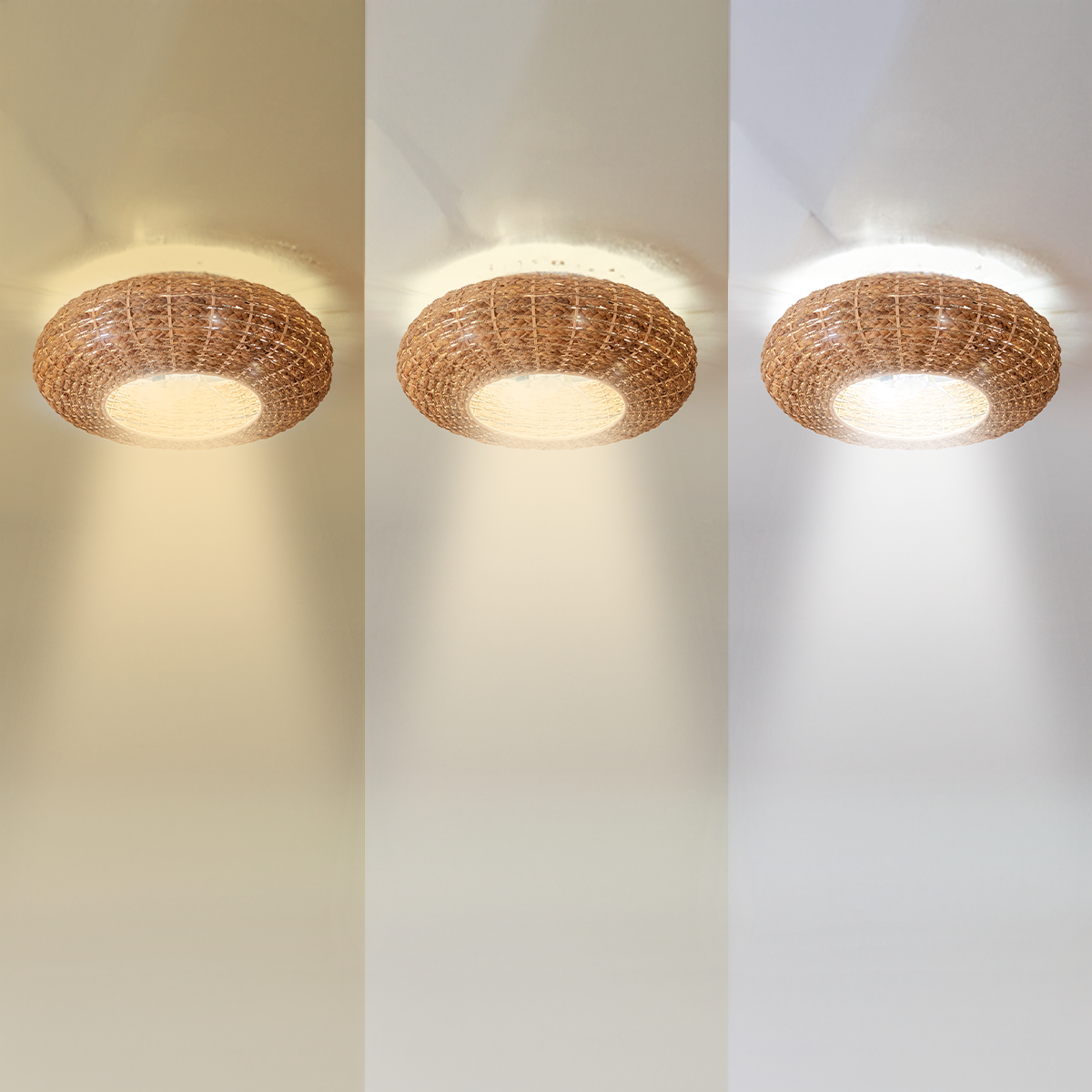Tres lámparas de techo de mimbre idénticas brillan con diferentes temperaturas de color.