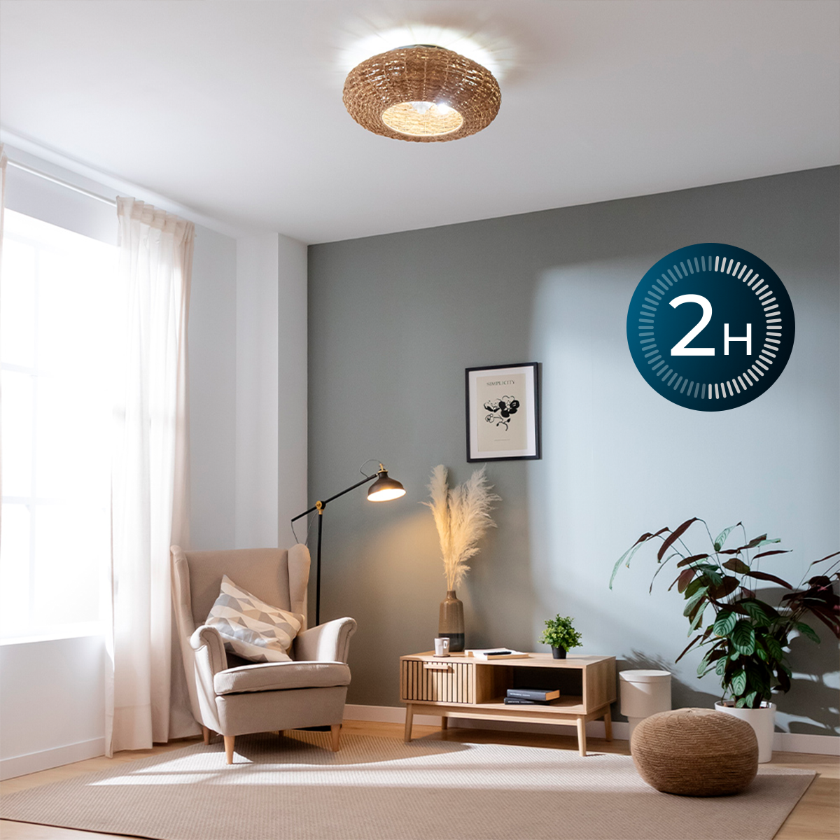 Acogedora sala de estar con sillón, mesa de madera, plantas y lámpara de techo tejida.