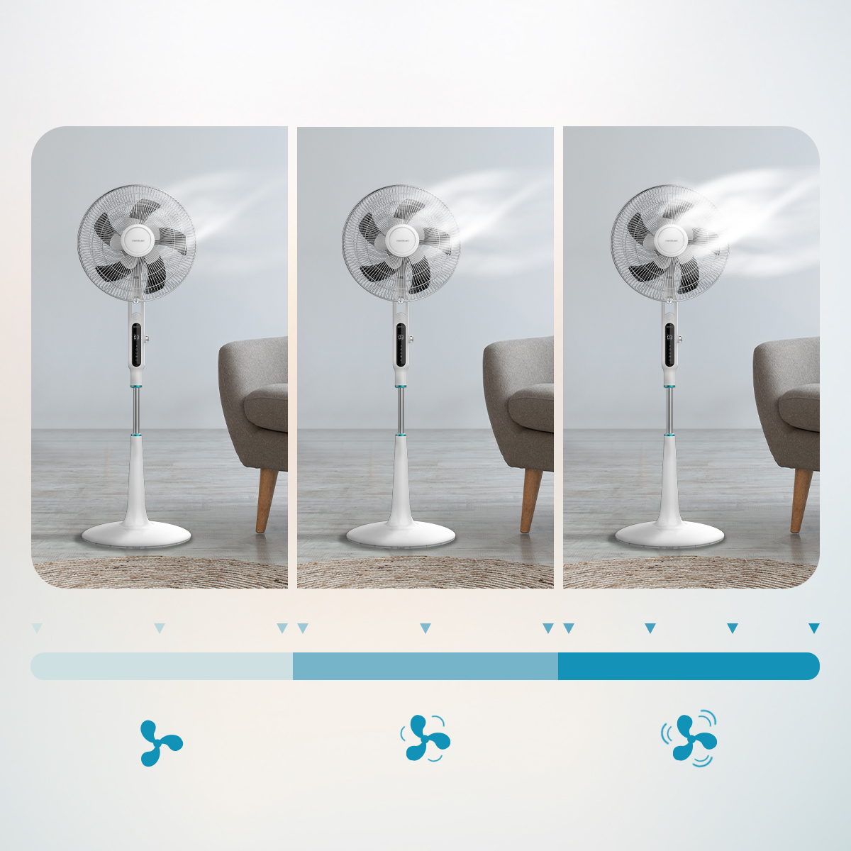 Tres imágenes muestran un ventilador de pie blanco con niebla creciente y diferentes niveles.