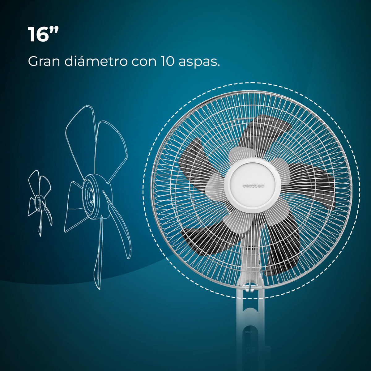 Ventilador de pie de 16 pulgadas de diámetro con 10 aspas en blanco y negro sobre fondo azul.