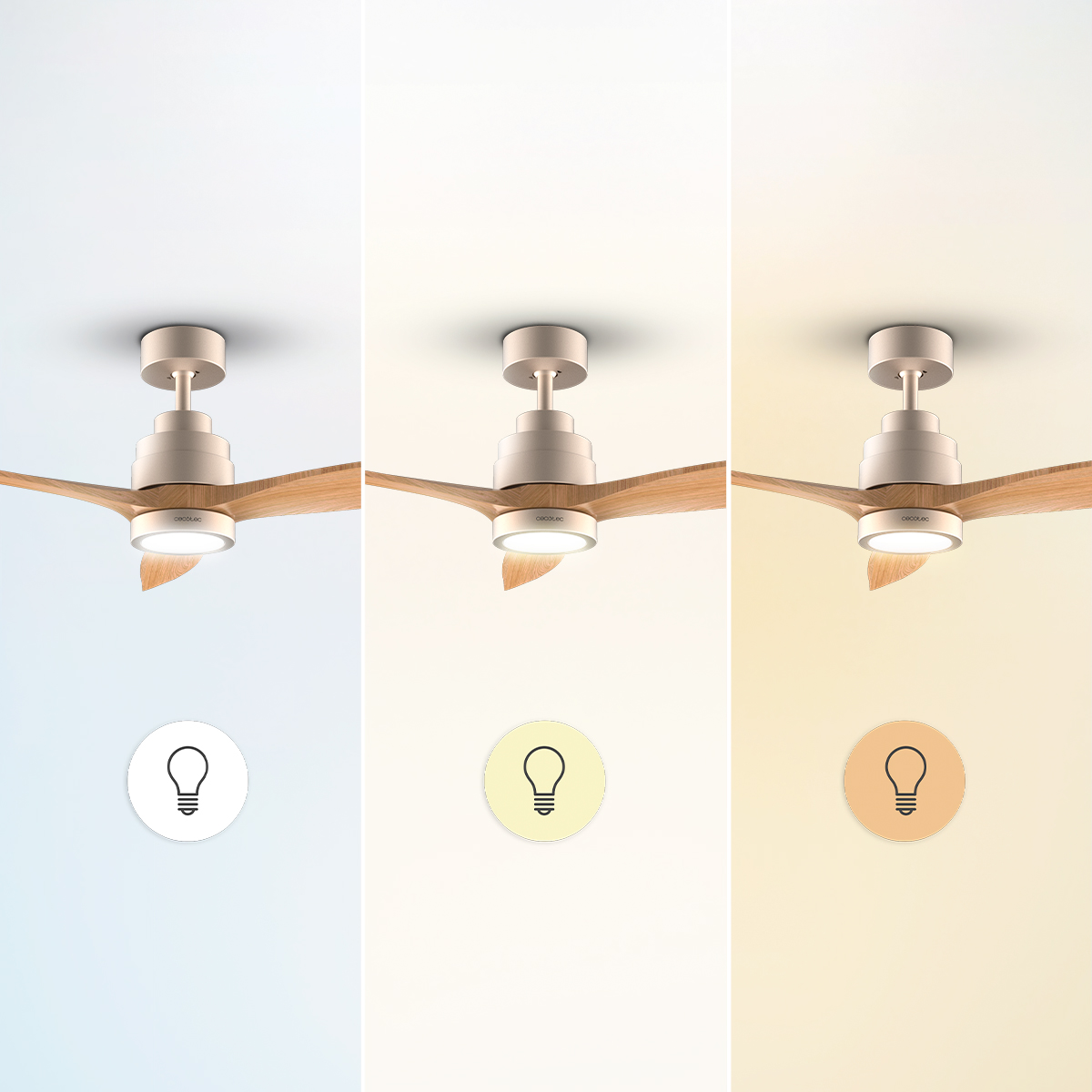 Tre pale da soffitto con lame in legno e luce LED a diverse temperature di colore.