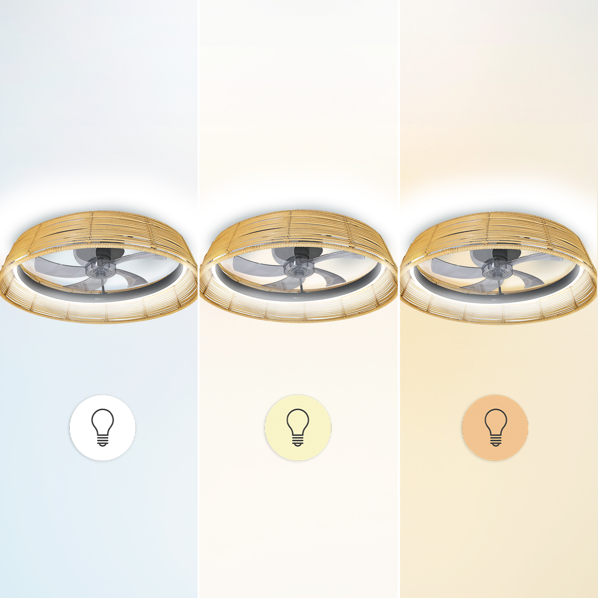 Tre ventilatori da soffitto rotondi in rattan con luce integrata in diverse temperature di colore.