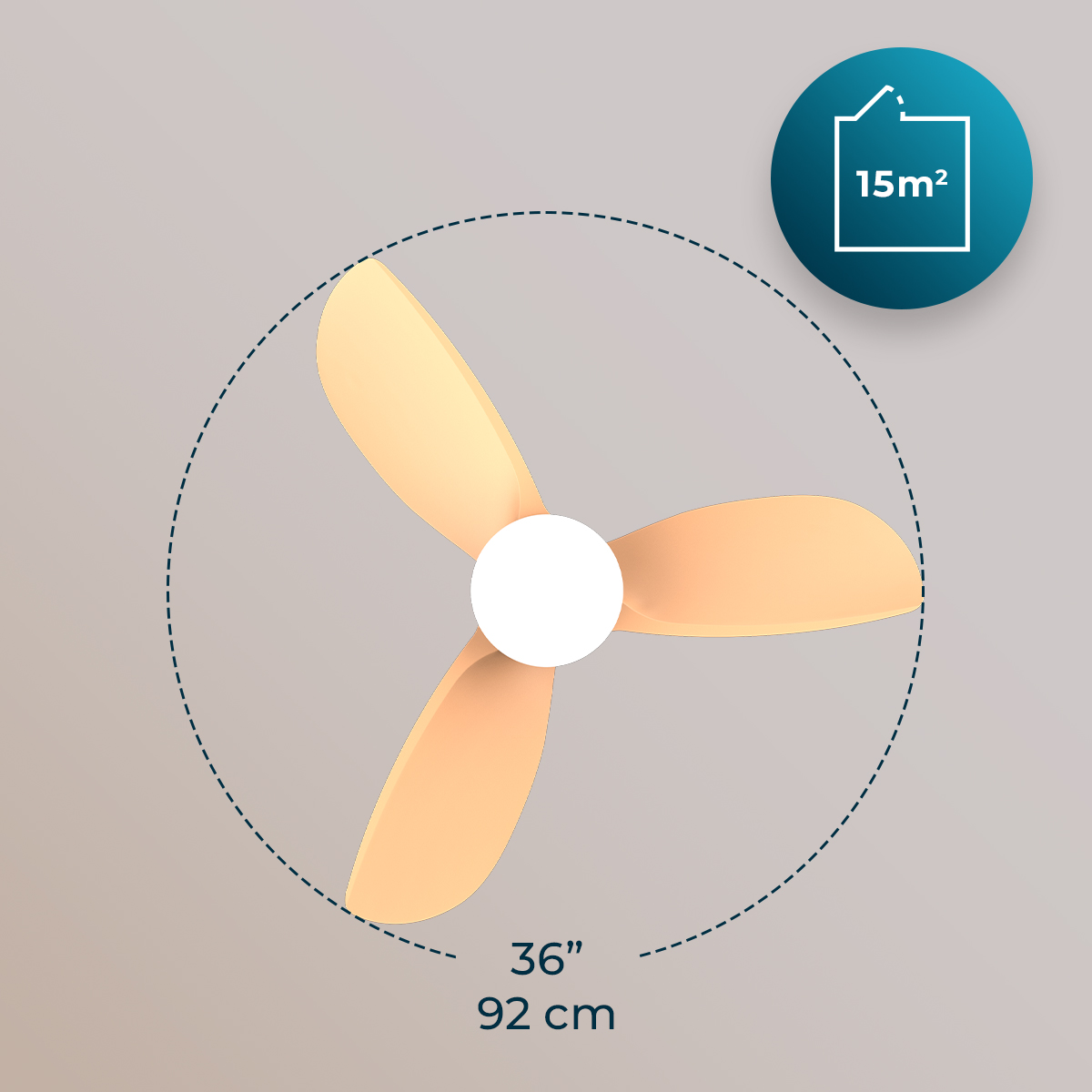 Ventilatore da soffitto color legno con tre pale, luce centrale e indicazioni di 36 pollici e 15 m².