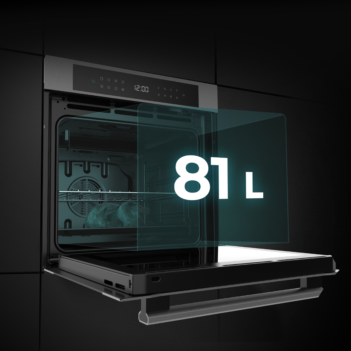 Horno moderno con puerta abierta, pantalla digital y superposición de 81 L.