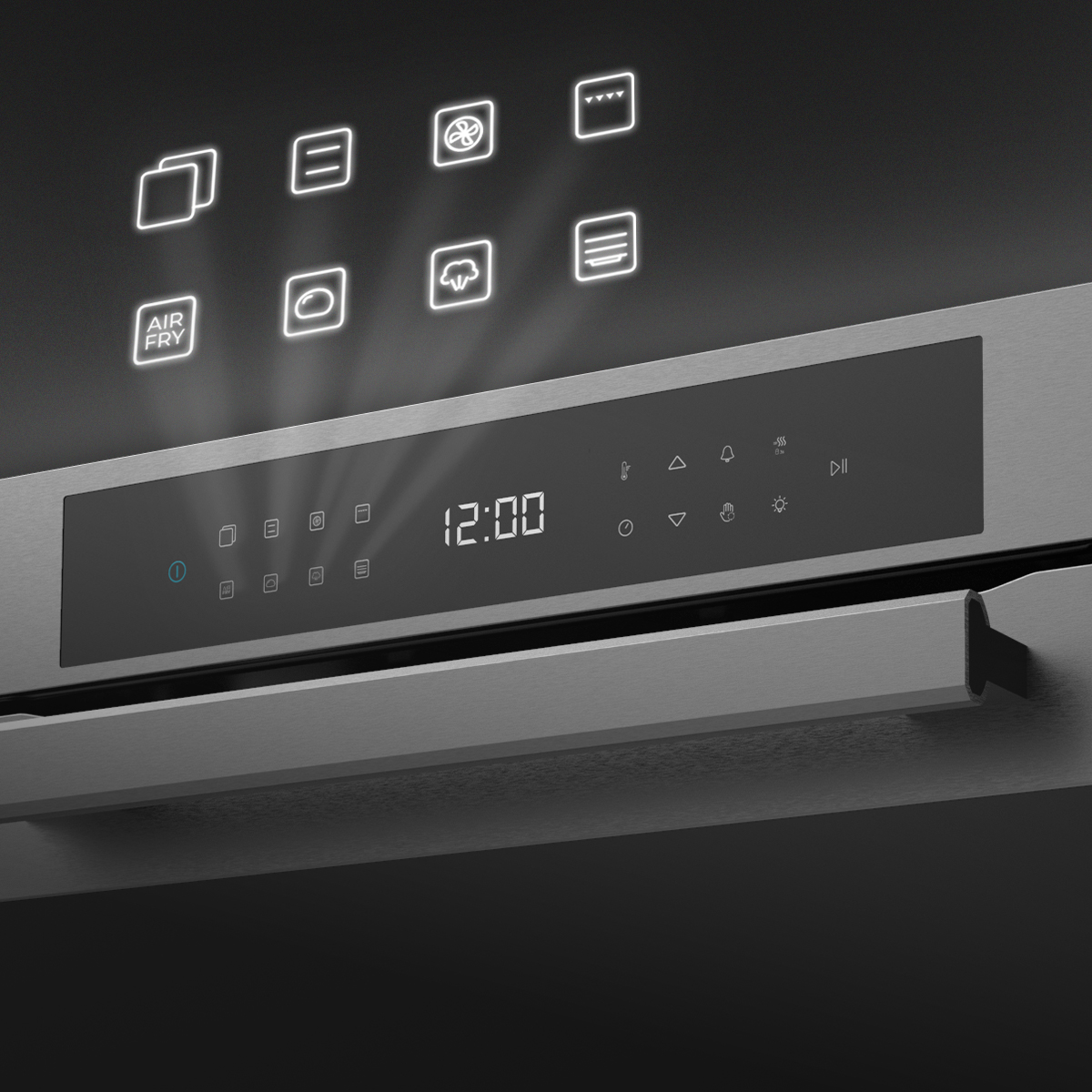 Panel de control del horno con la hora digital 12:00 e iconos de modo de cocción iluminados arriba.